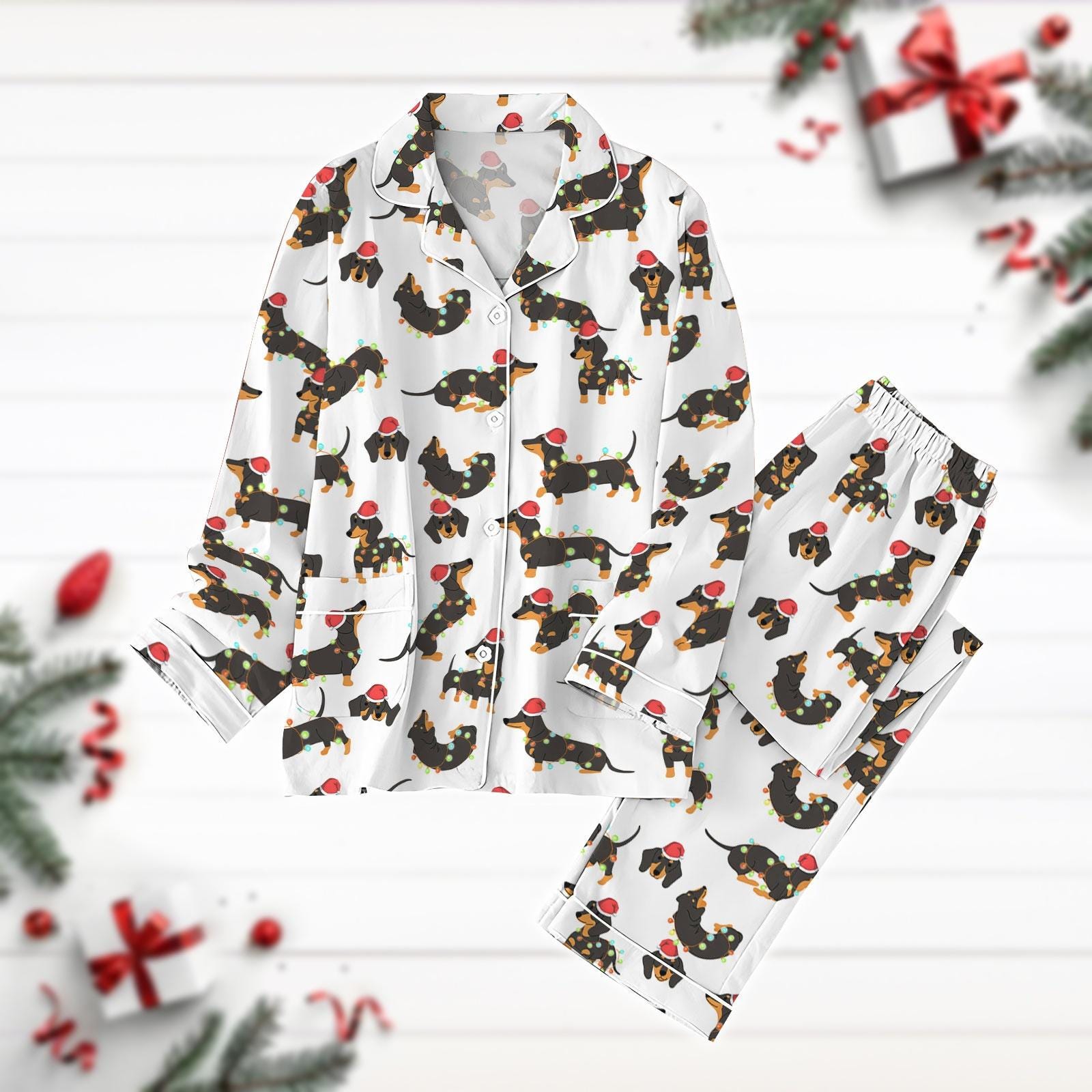 Christmas Dachshund Pajamas Set, Dog Christmas Lights Shirt, Wiener Dog Holiday Pajamas, Dog Mom Gift, Pet Lover Xmas Pajamas Pants