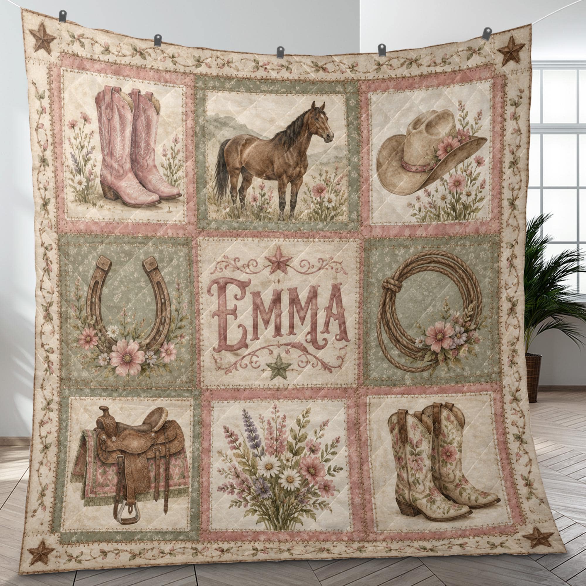 Personalized Cowgirl Patchwork Blanket, Custom Name Western Floral Quilt, Rustic Blanket, Cowgirl Nursery Decor