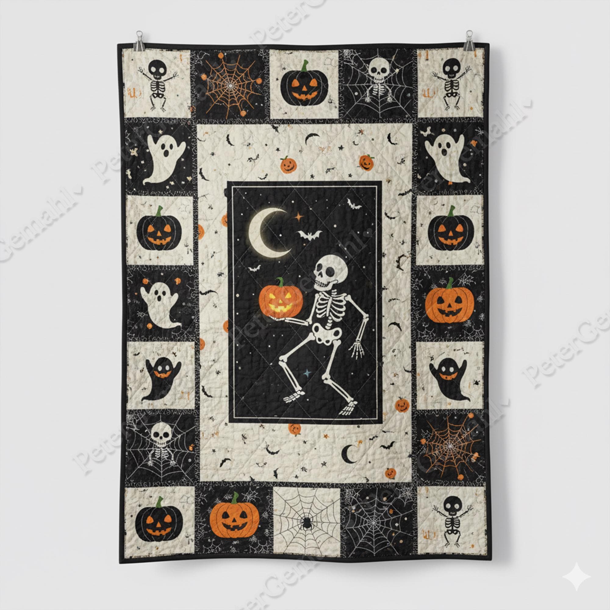 Halloween Skeleton Quilt Blanket, Spooky Skull Bedding, Halloween Decor, Cozy Fall Blanket, Gothic Skeleton, Gift for Halloween