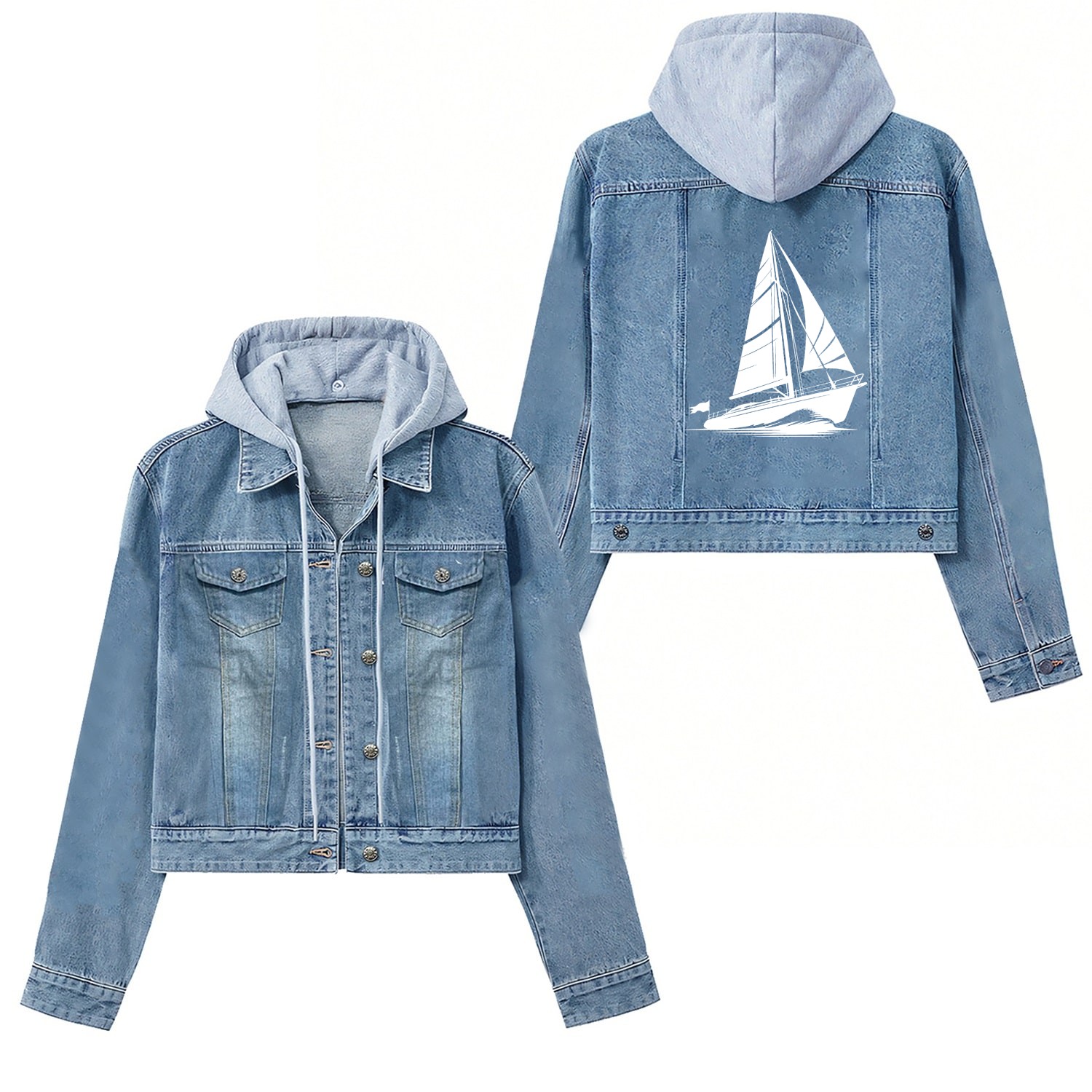 Fast Sailing Boat On Course In Big Waves Women's Denim Jackets