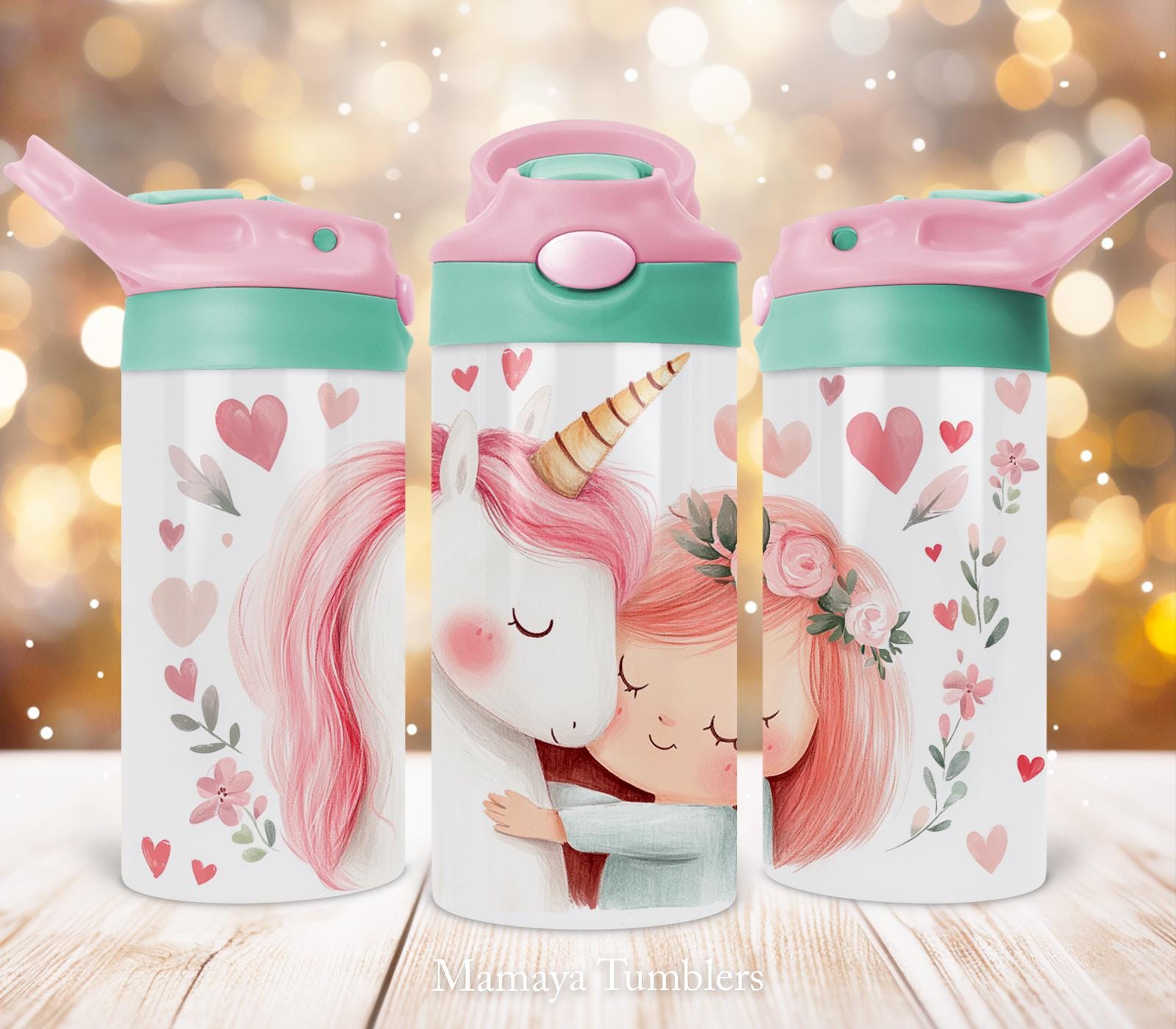 Unicorn 12oz Kids Flip Top Sippy Cup Tumbler Wrap, Cute girl Flowers Kids Straight Tumbler