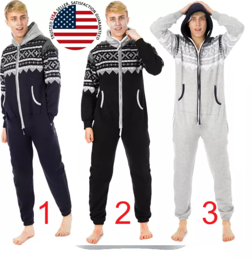 Mens Unisex Hooded Onesie0 Adult Non Footed OnePiece Jumpsuit Pajamas Loungewear