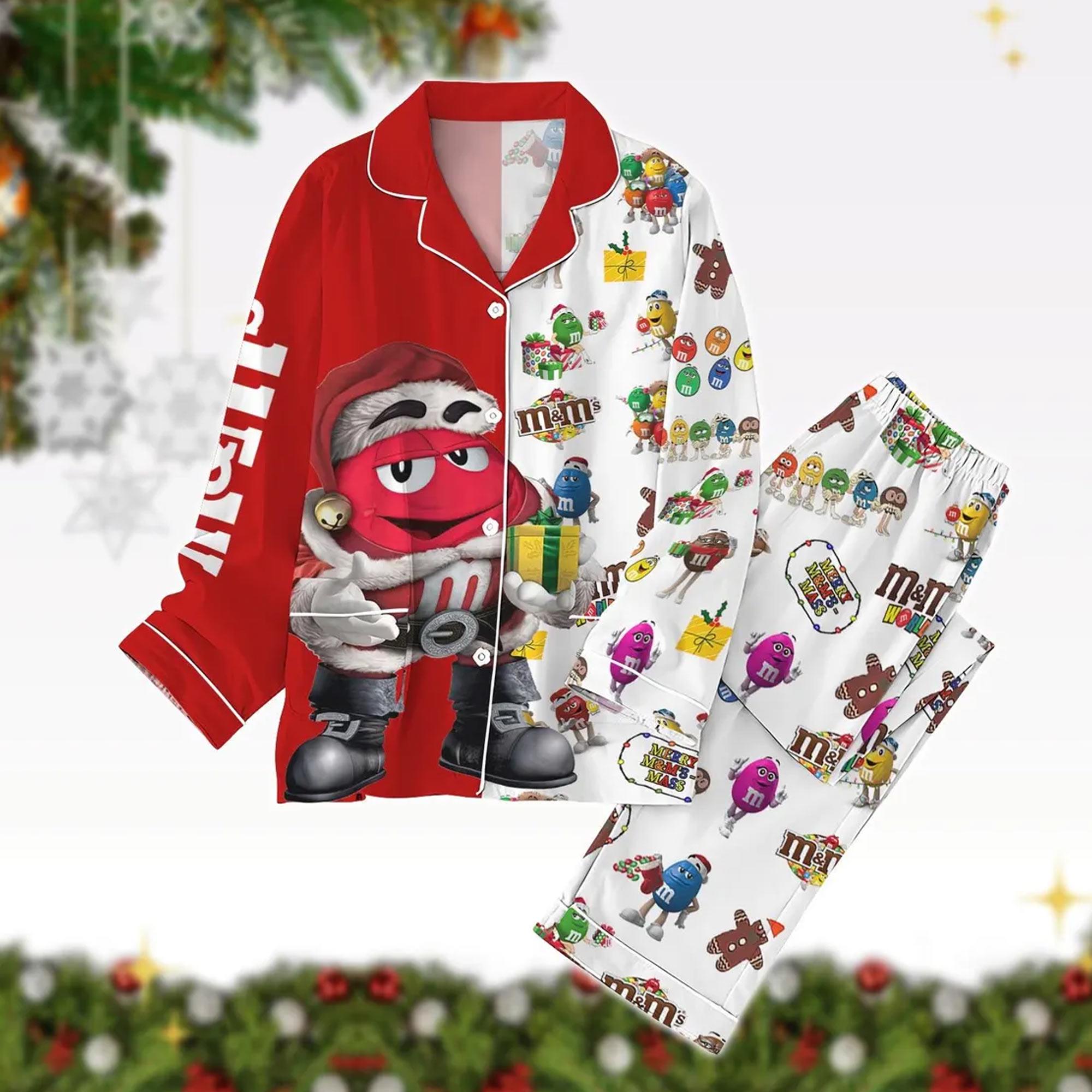 MnM Christmas Pajama Set, Candy Group Santa Hat Pajamas, Couples Matching PJs, MM Xmas Pajama Set with Pants