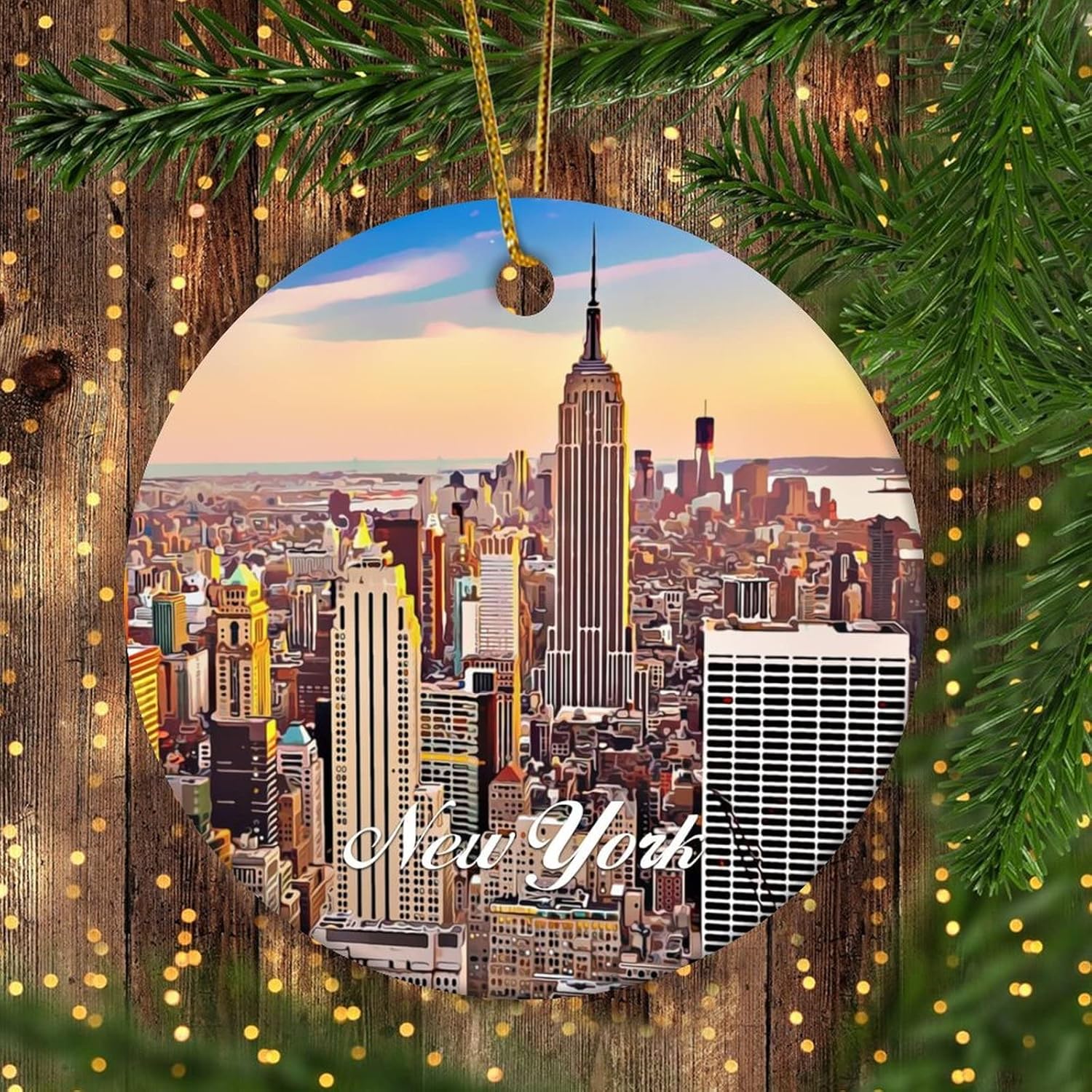 Christmas Hanging Ornament New York City Scenery Photography Round Ceramic Xmas Hanging Ornament Xmas Tree Decor Customized Porcelain Ornament for Winter Winter Decor