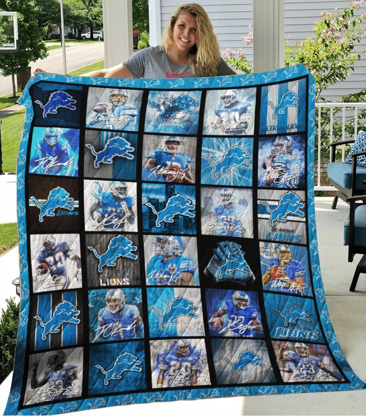 Detroit Lions Legends Football Team 3D Quilt Blanket - Light Blue-