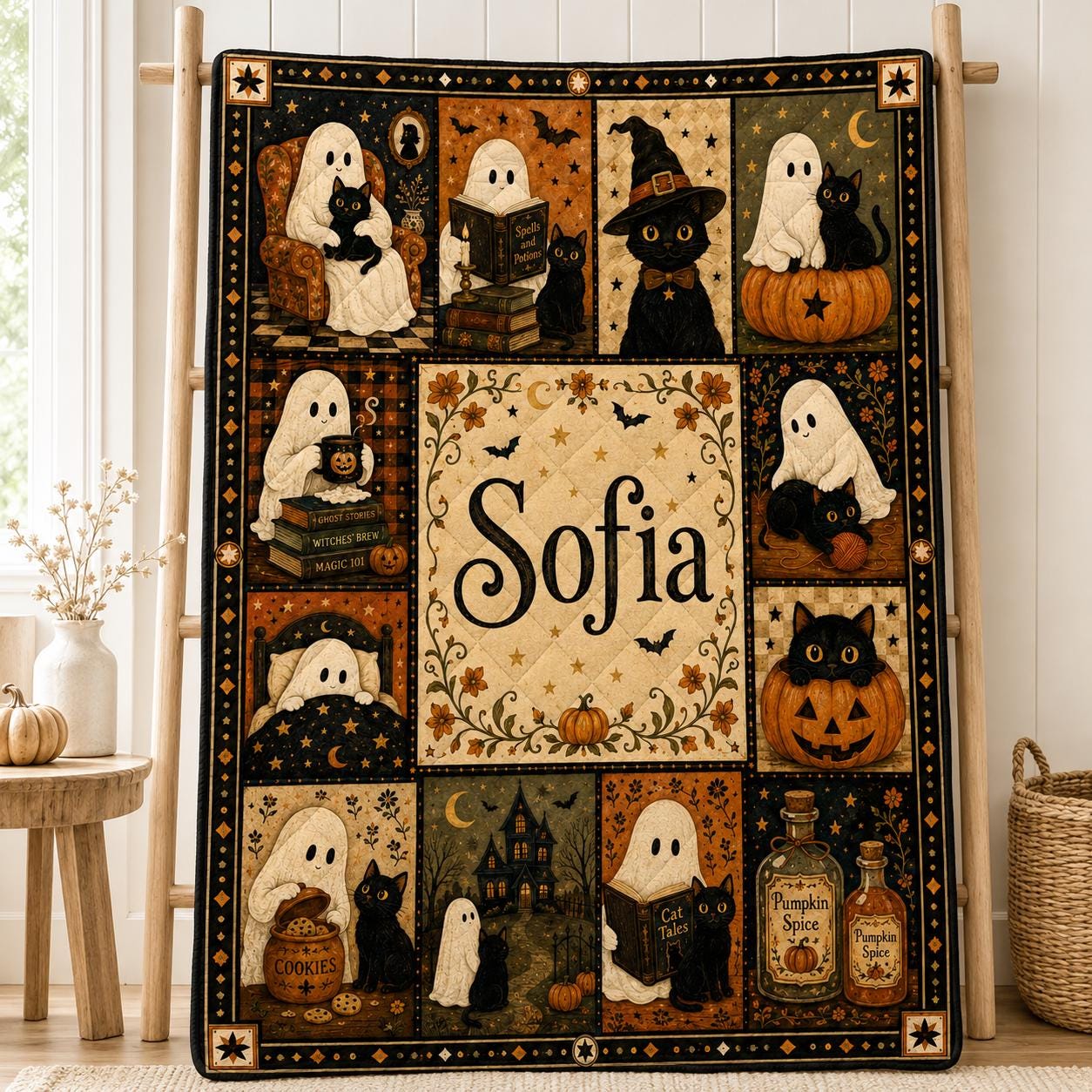 Personalized Halloween Quilt Blanket, Custom Name Ghost and Black Cat, Spooky Season Quilt
