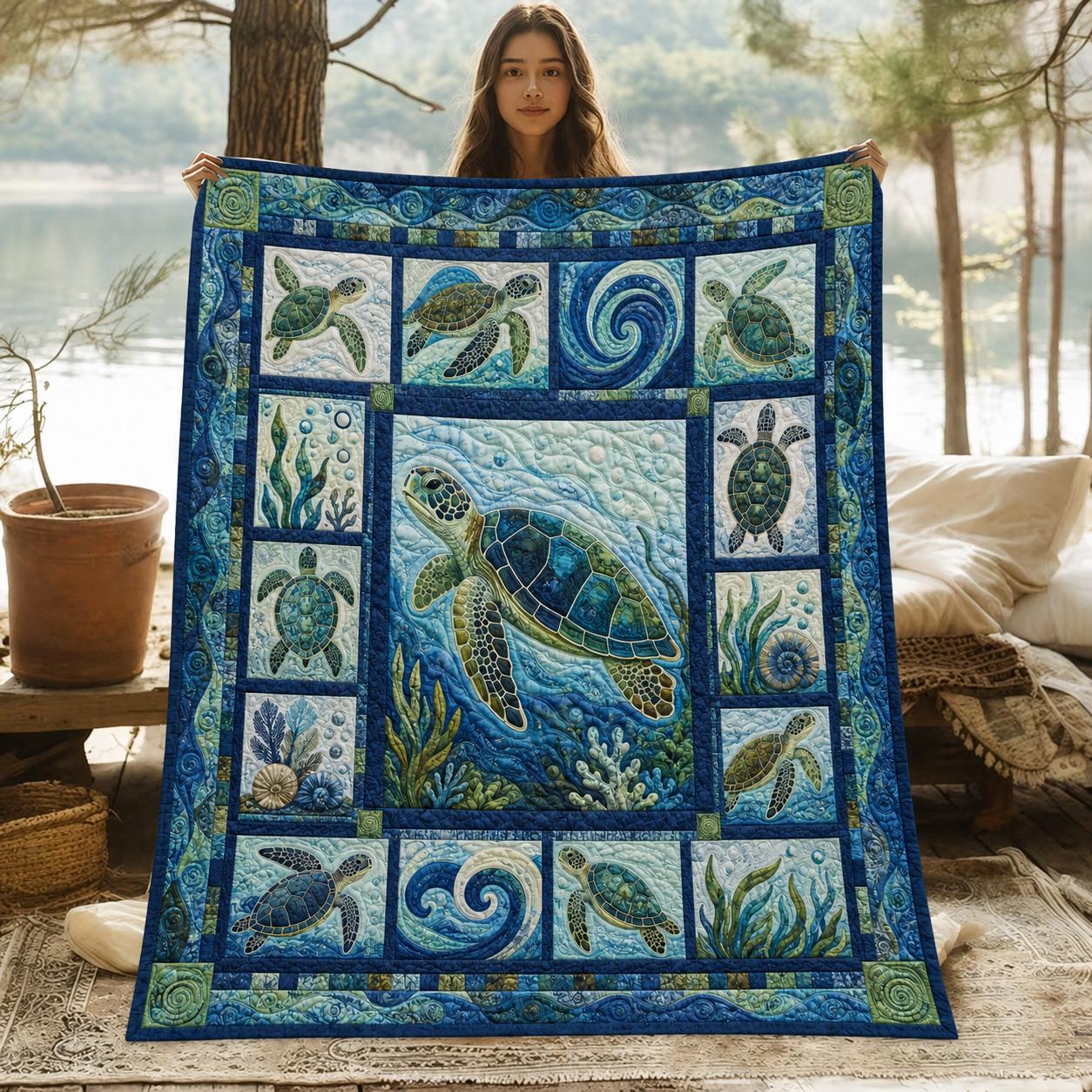 Sea Turtle Quilt Blanket, Coastal Ocean Patchwork Throw, Beach House Bedding, Marine Life Quilt