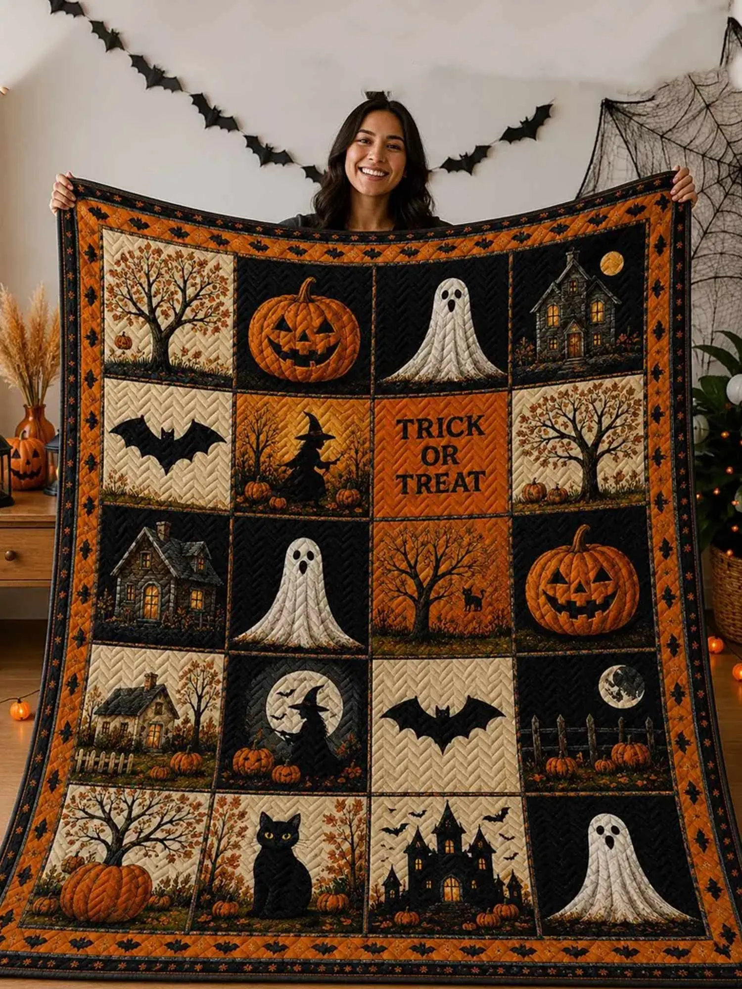 Fall Haunted House Pumpkin Quilted Blanket