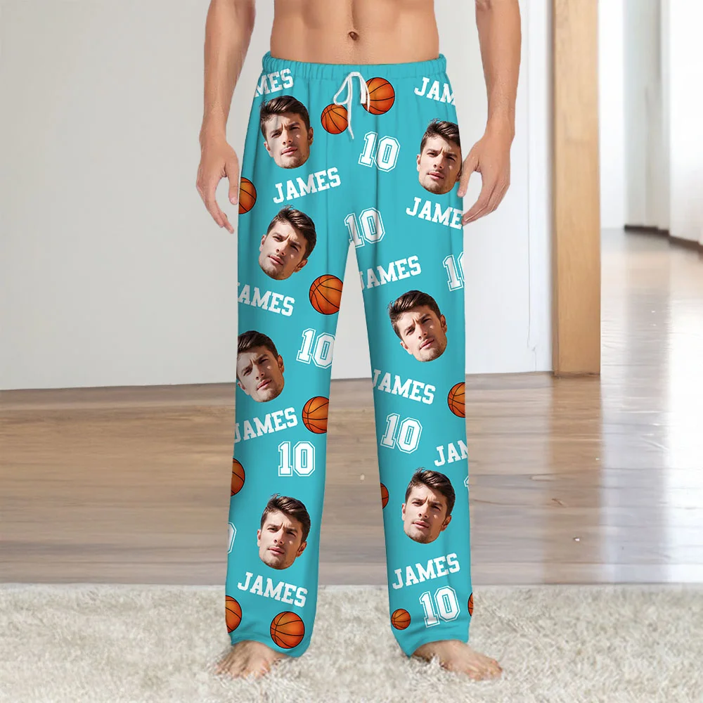 Personalised Basketball Football Face Photo Long Sleeve Soft Pajama Pants with Name and Number Daily Home Wear Birthday Gift for Ball Sports Lover