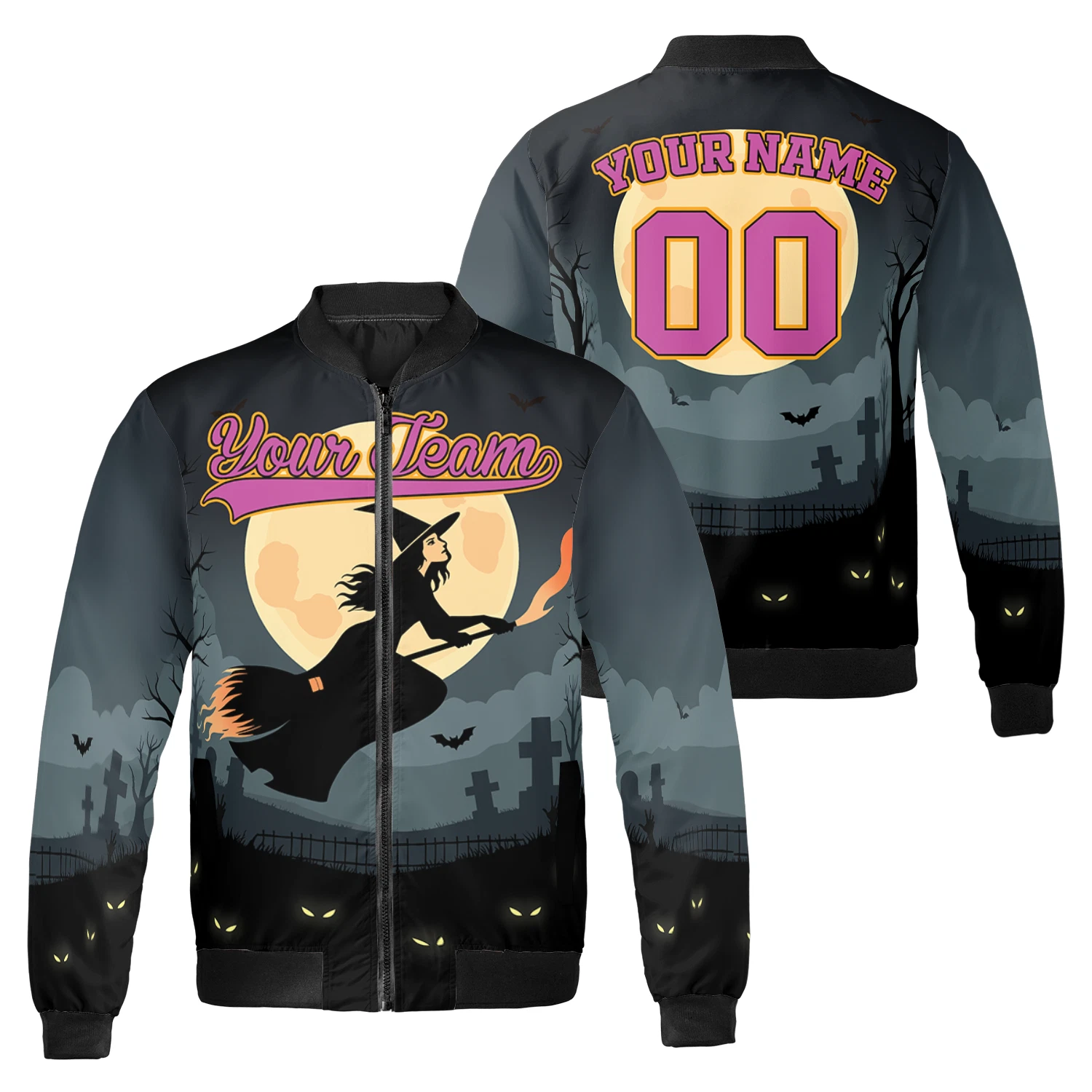 Personalized Halloween Witch Riding Broom Spooky Season Bomber Jacket