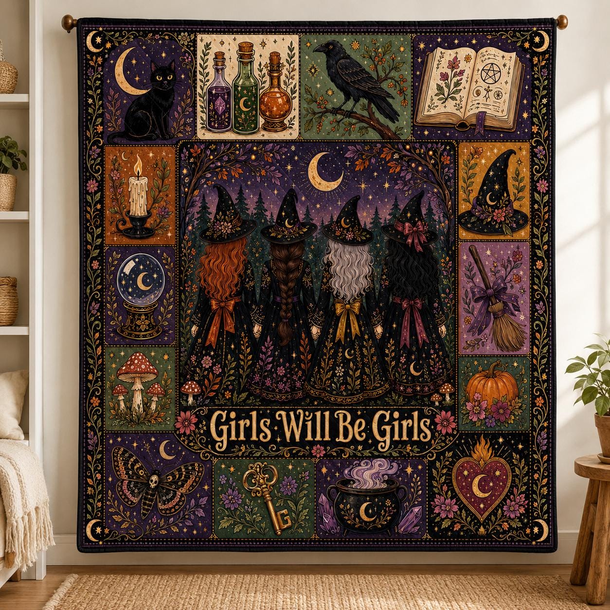 Witchy Gothic Patchwork Quilt Blanket, Halloween Coven Gift