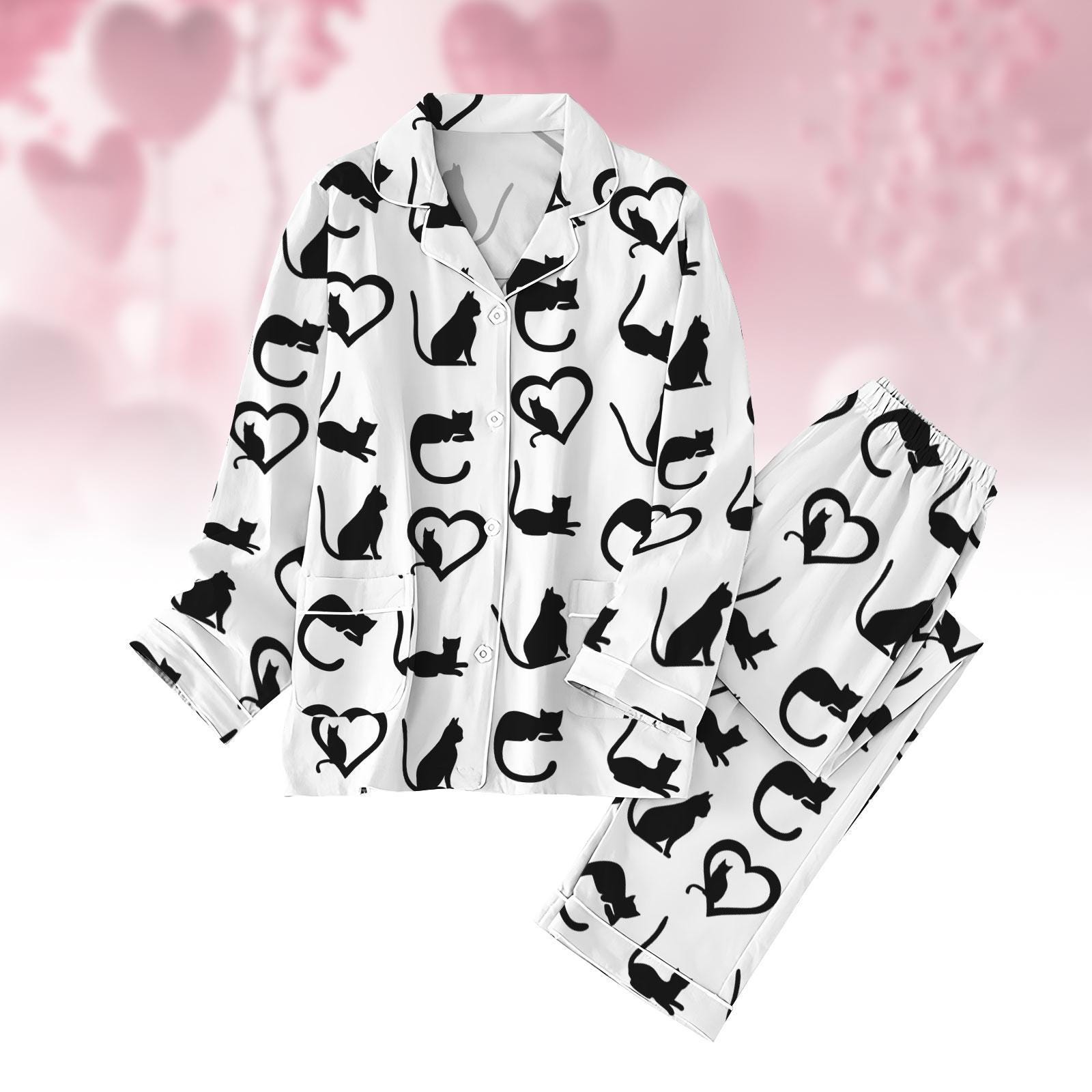 Love Black Cat Pajamas Set, Animal Love Pajamas For Her, Cute Pet Valentine Pajamas, Valentine Pajamas