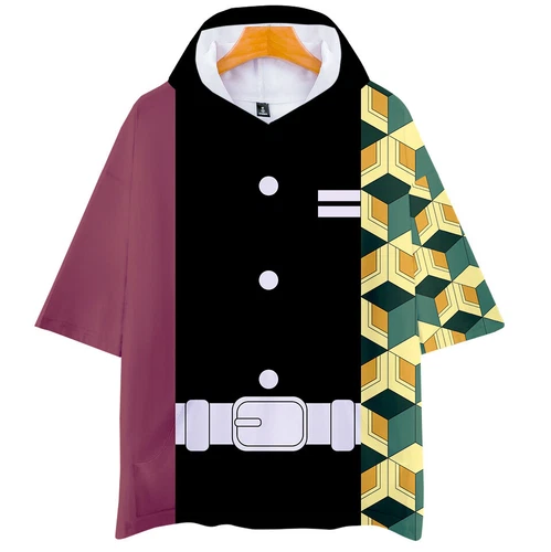 demon Kimetsu no Yaiba Kamado Tanjirou neko Short Sleeve Hoodie Shirt