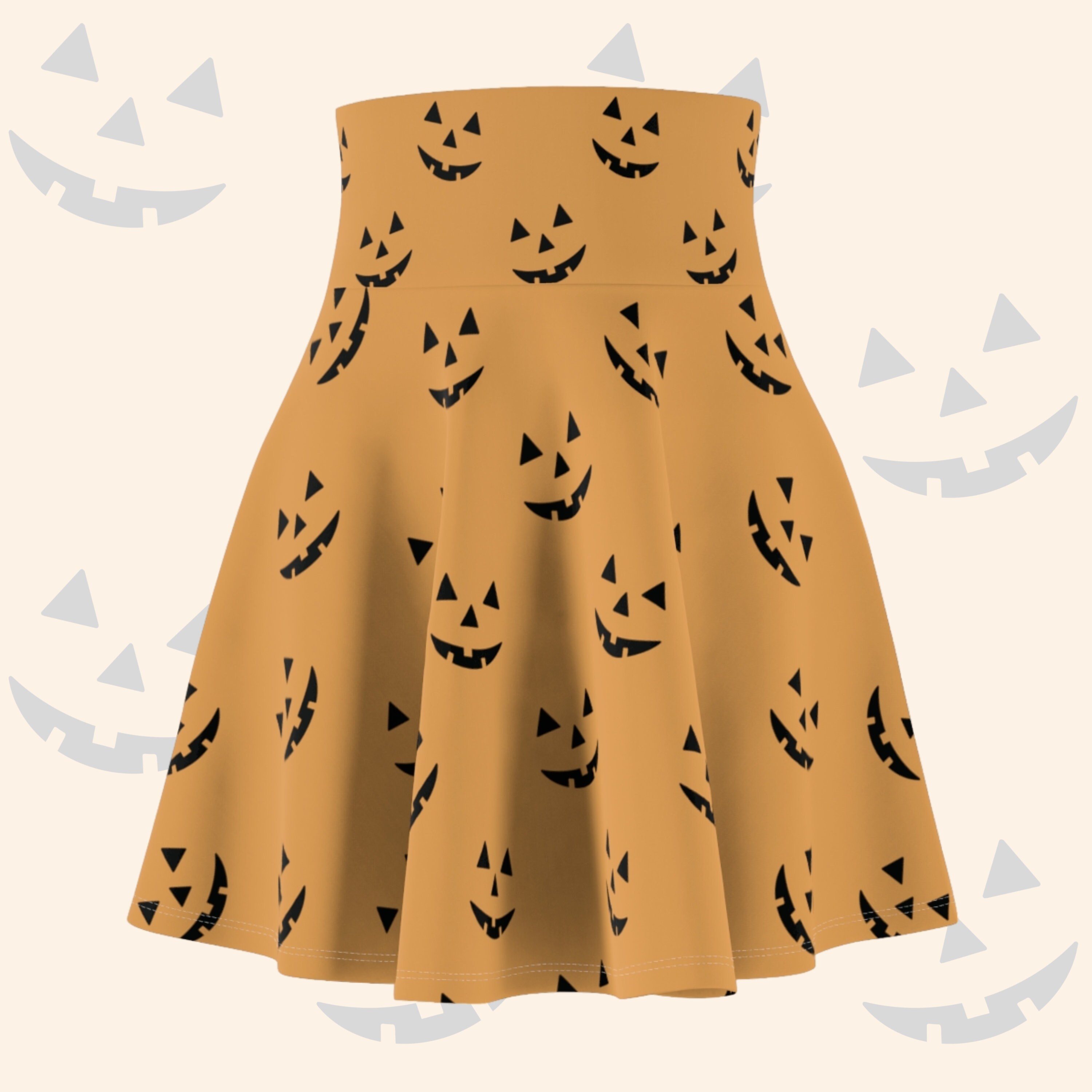 Women's Simple Orange Jack-O-Lantern Circle Skirt, Halloween High Waisted Skater Skirt, Spooky Cute Orange All Size Soft Stretchy Skirt