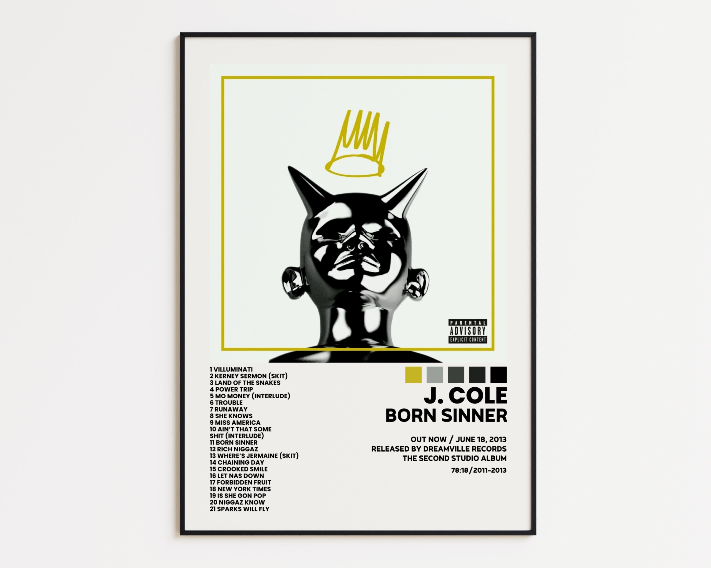 J. Cole Cover Poster, Born Sinner Album Wall Print, Tracklist Poster