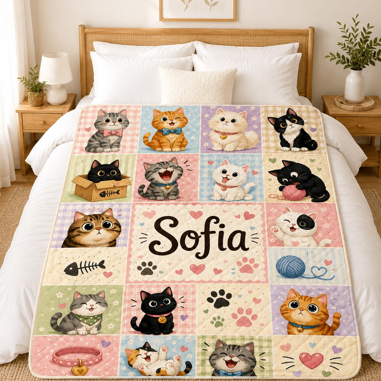 Personalized Cat Quilt Blanket, Custom Name Kitten Throw, Cute Cat Patchwork Blanket, Cat Lover Gift, Pastel Nursery Quilt