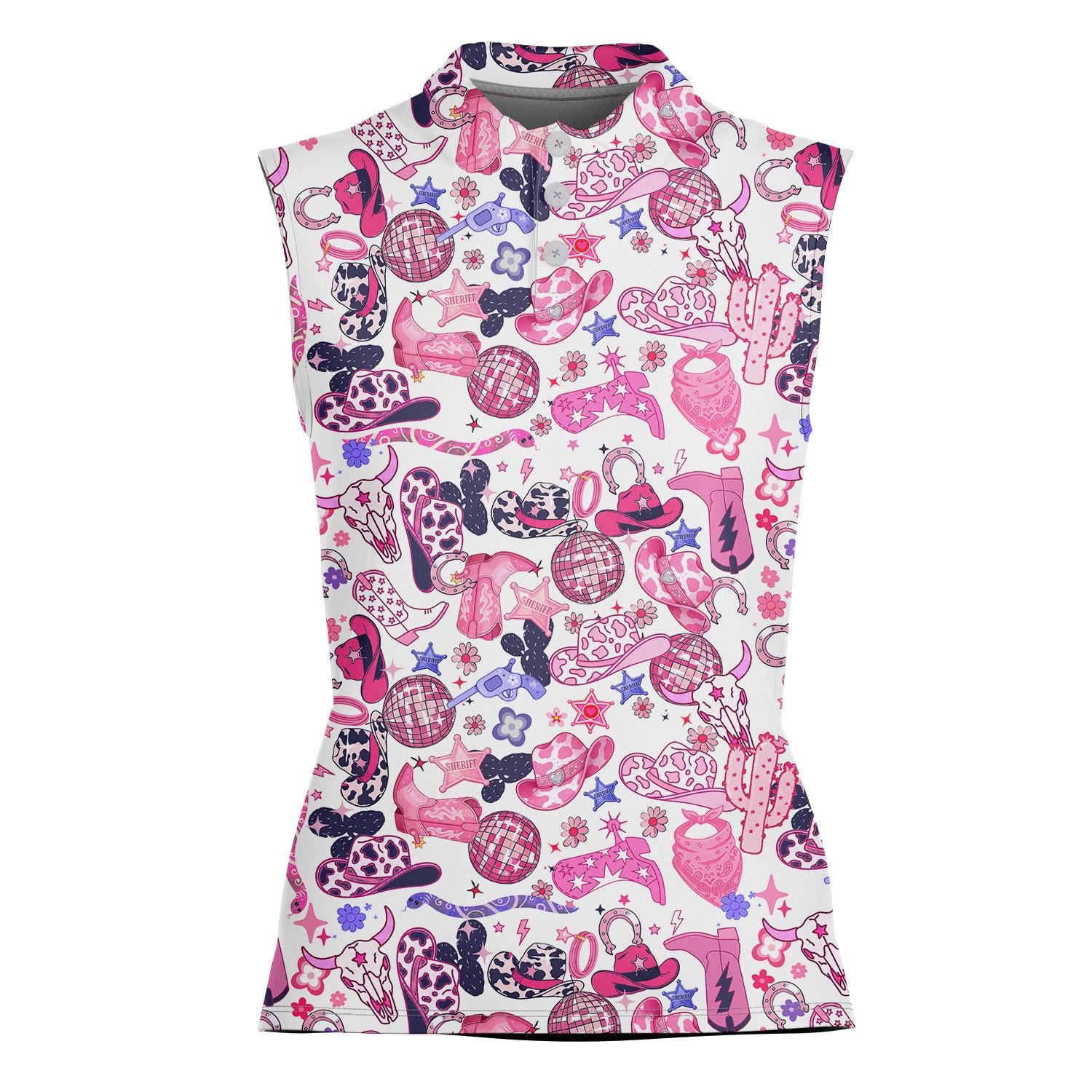 Women's Pink Western Cowgirl Print Sleeveless Polo Shirt, Summer Country Style Golf Top