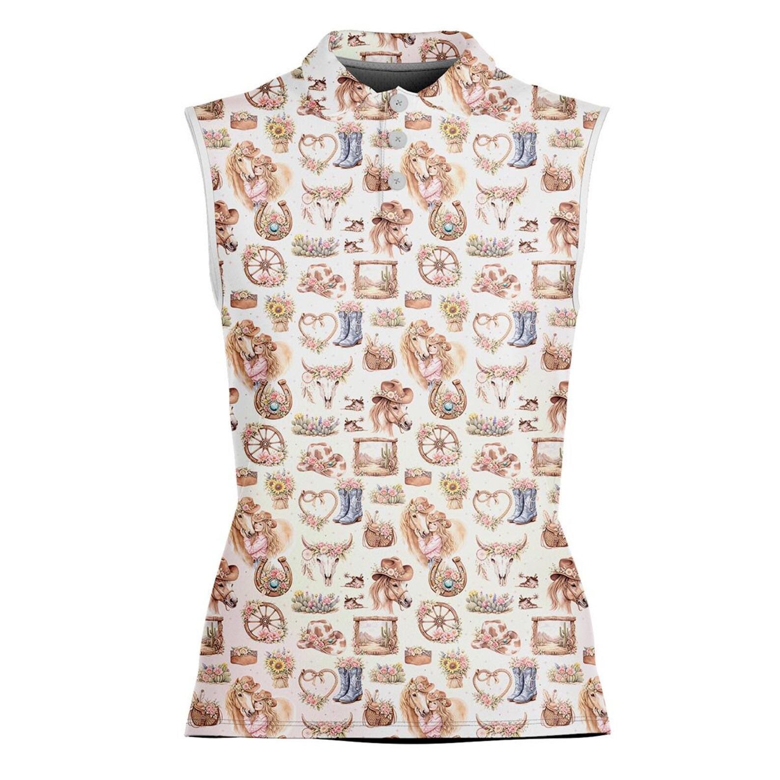 Women's Sleeveless Polo Shirt with Horse Print, Cowgirl Style, Summer Ranch Polo Top