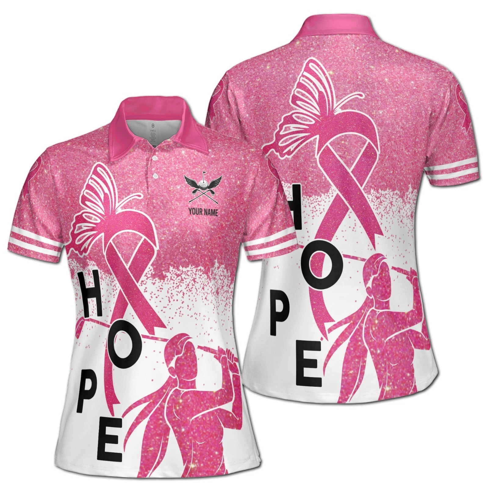 Women's Pink Fraud Glitter Hope Polo Shirt for Lady Golfer, Custom Name