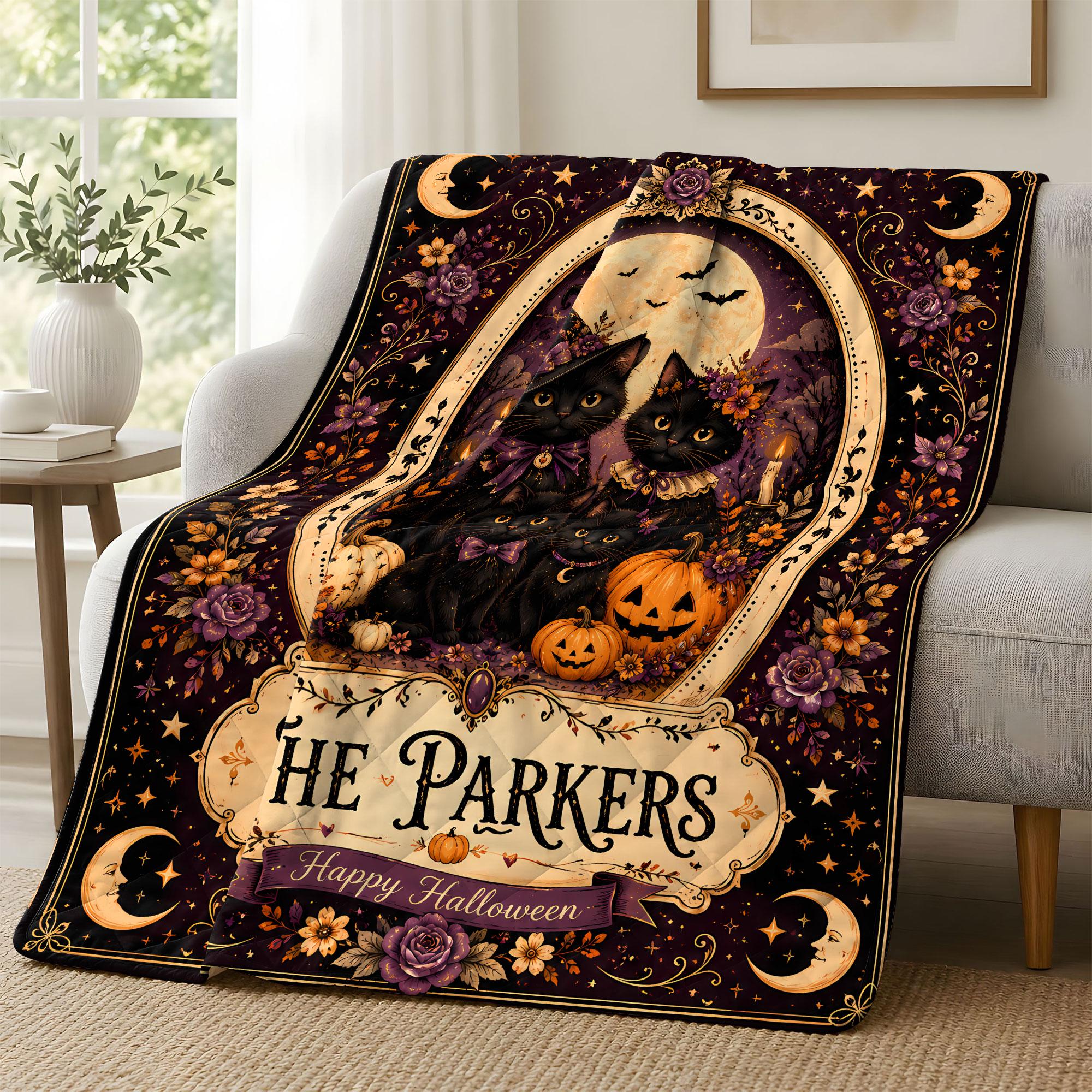 Personalized Black Cat Family Halloween Quilt, Custom Family Name Witch Cat, Spooky Pumpkin Gothic Fall Home Decor