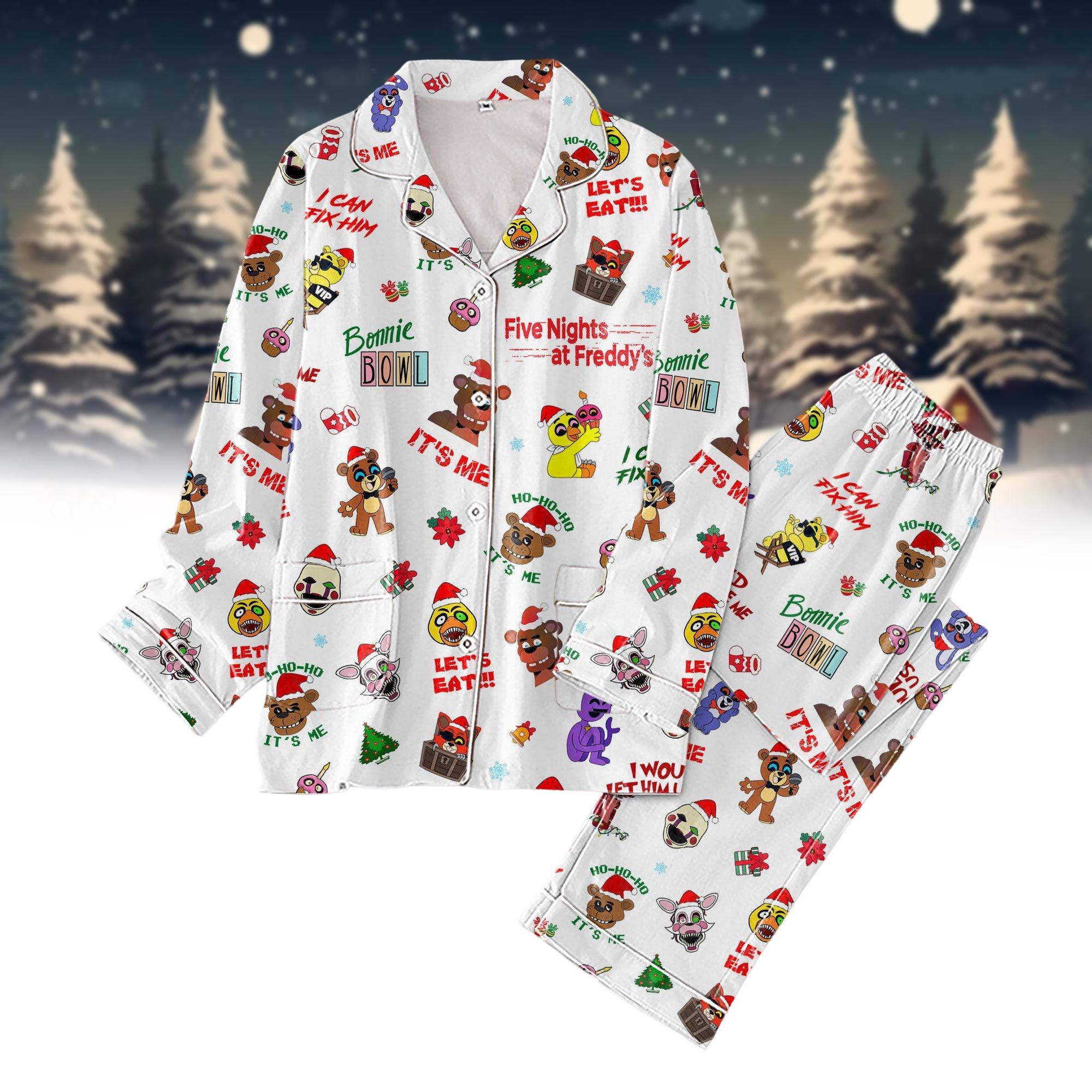 Five Nights At Freddy's Chirtmas Pajamas, Freddy Fazbear Santa Hat Pj Set, Horror Character Pj Set Pants, Xmas Long Sleeve Pajamas Fami