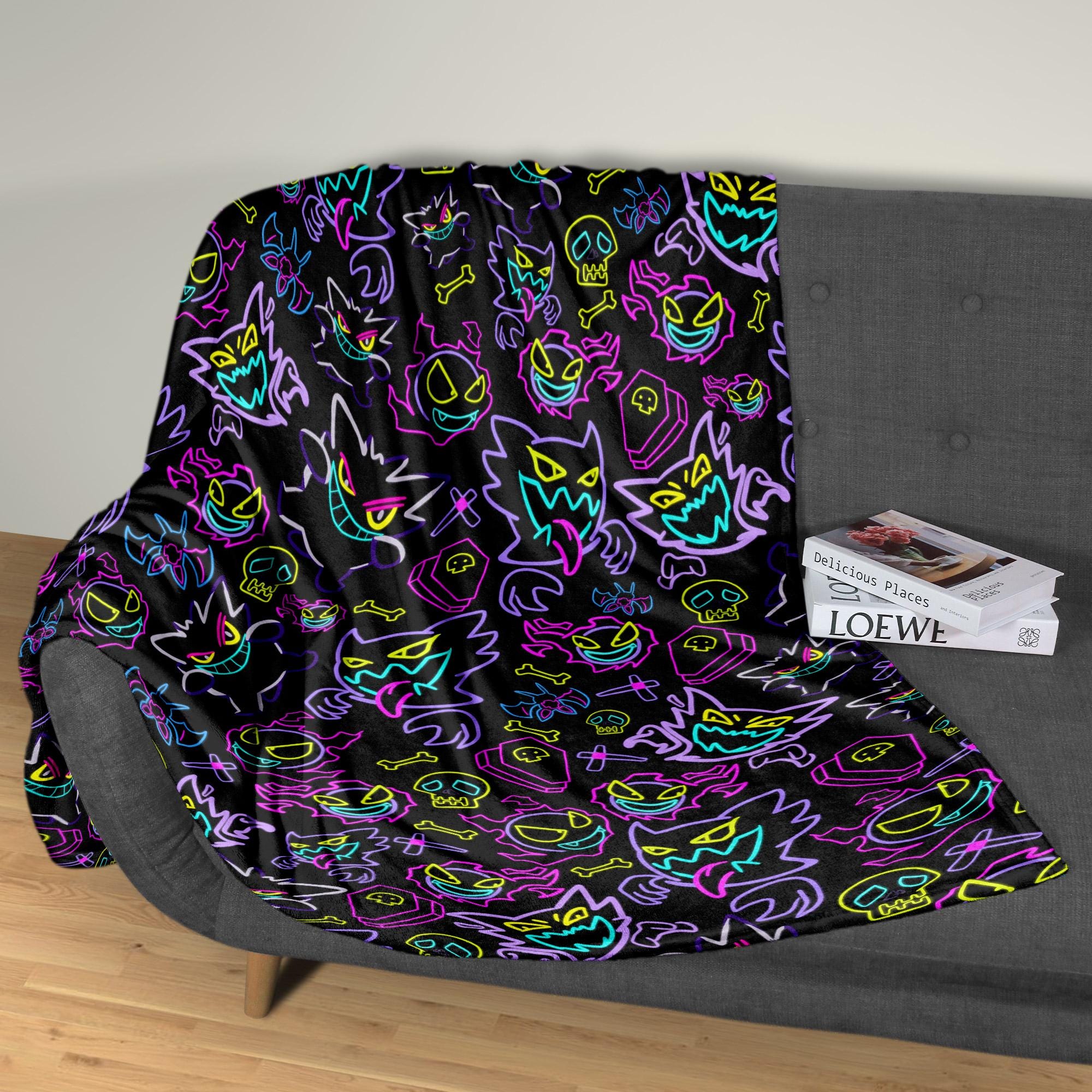 Gengar Fleece Blanket Neon Home Decor Fleece Blanket Bedroom Decor Baby Blanket Cute Neon Gengar Blanket Gifts