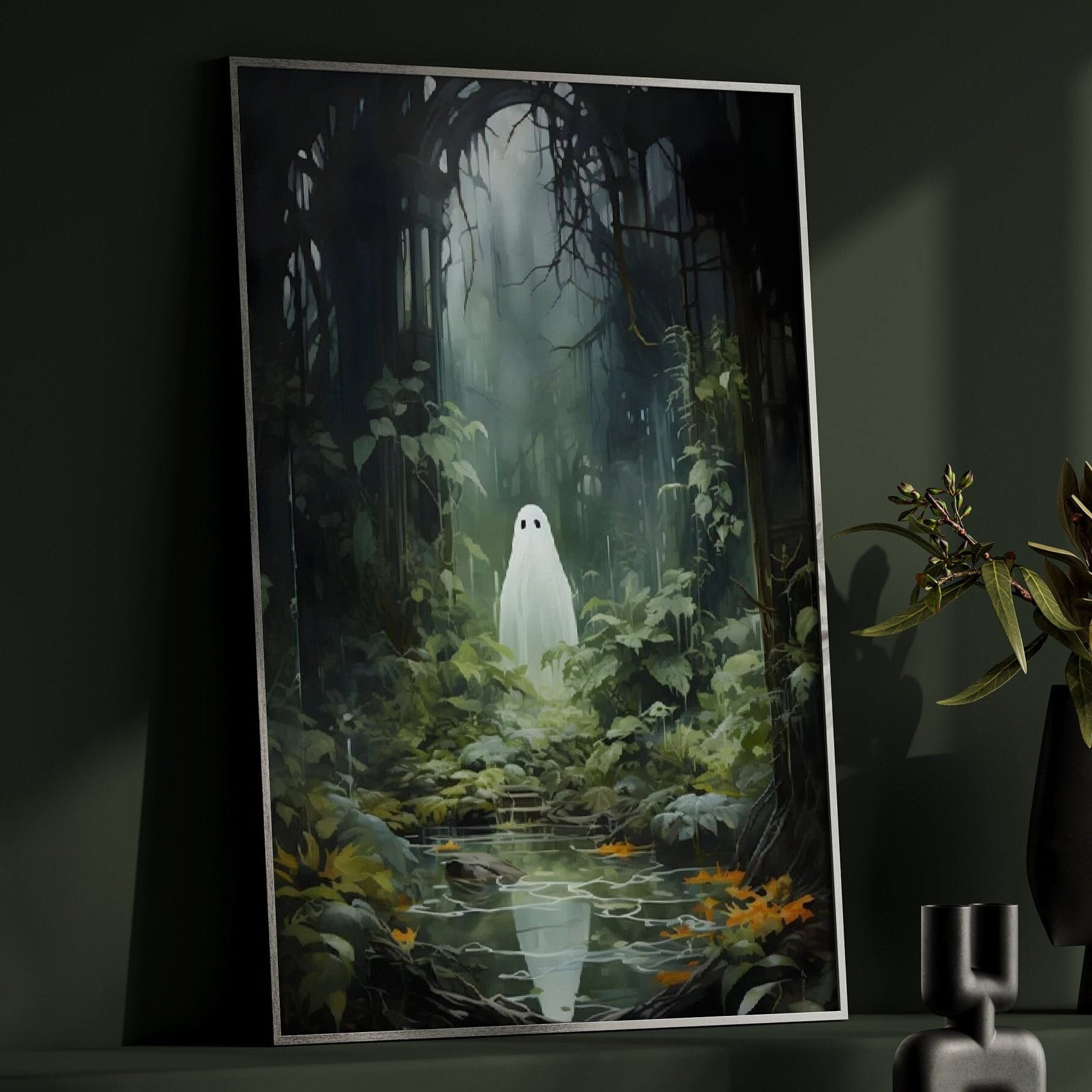 Ghost Forest Poster, Cute Ghost print Dark Academia Gothic home Decor Goth Decor