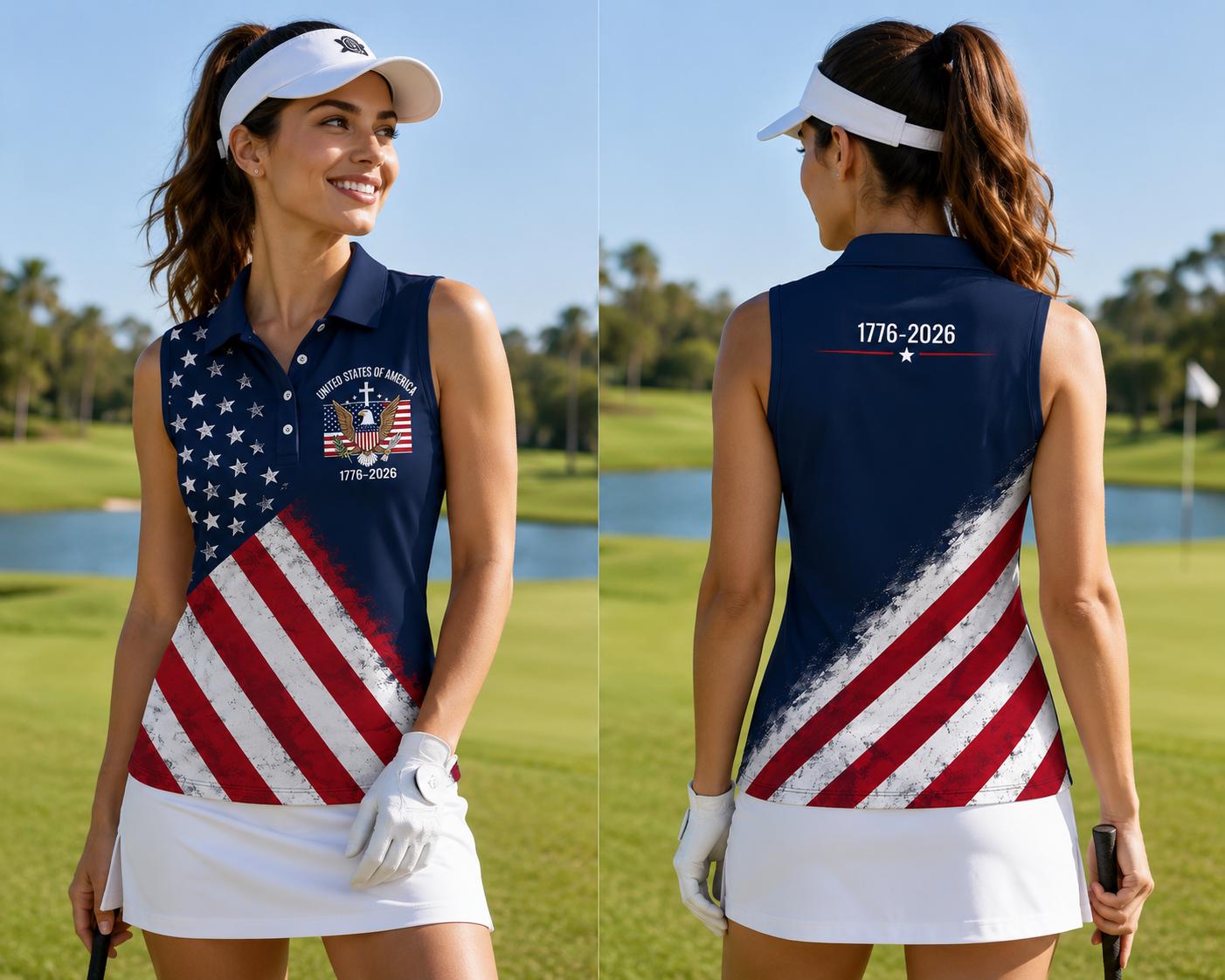 Patriotic Sleeveless Golf Polo Shirt Women, USA Flag 1776-2026 Polo Top, American Independence Golf Tank, Fourth of July Country Club Shirt