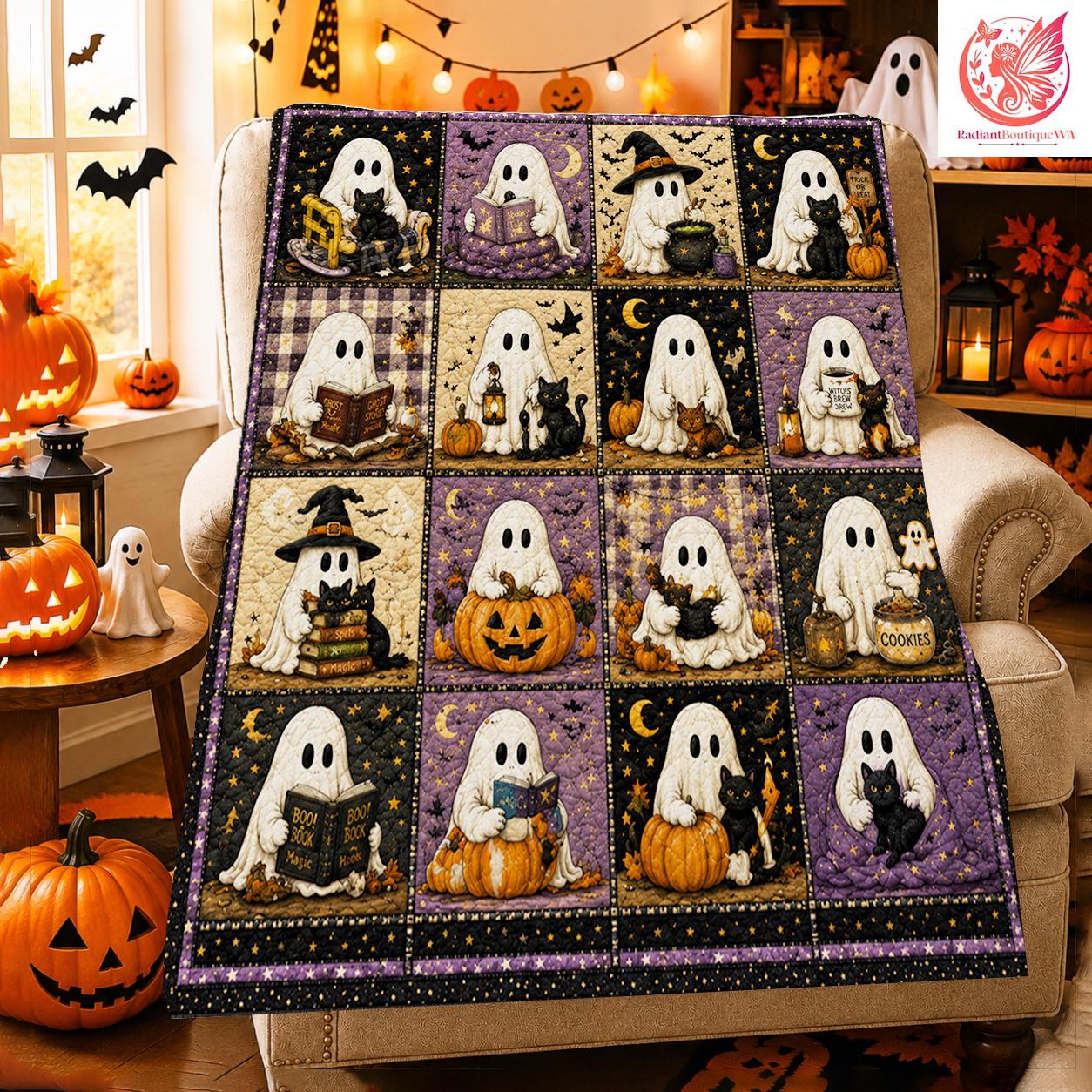 Halloween Ghost Patchwork Quilt Blanket, Spooky Black Cat Fall Home Decor