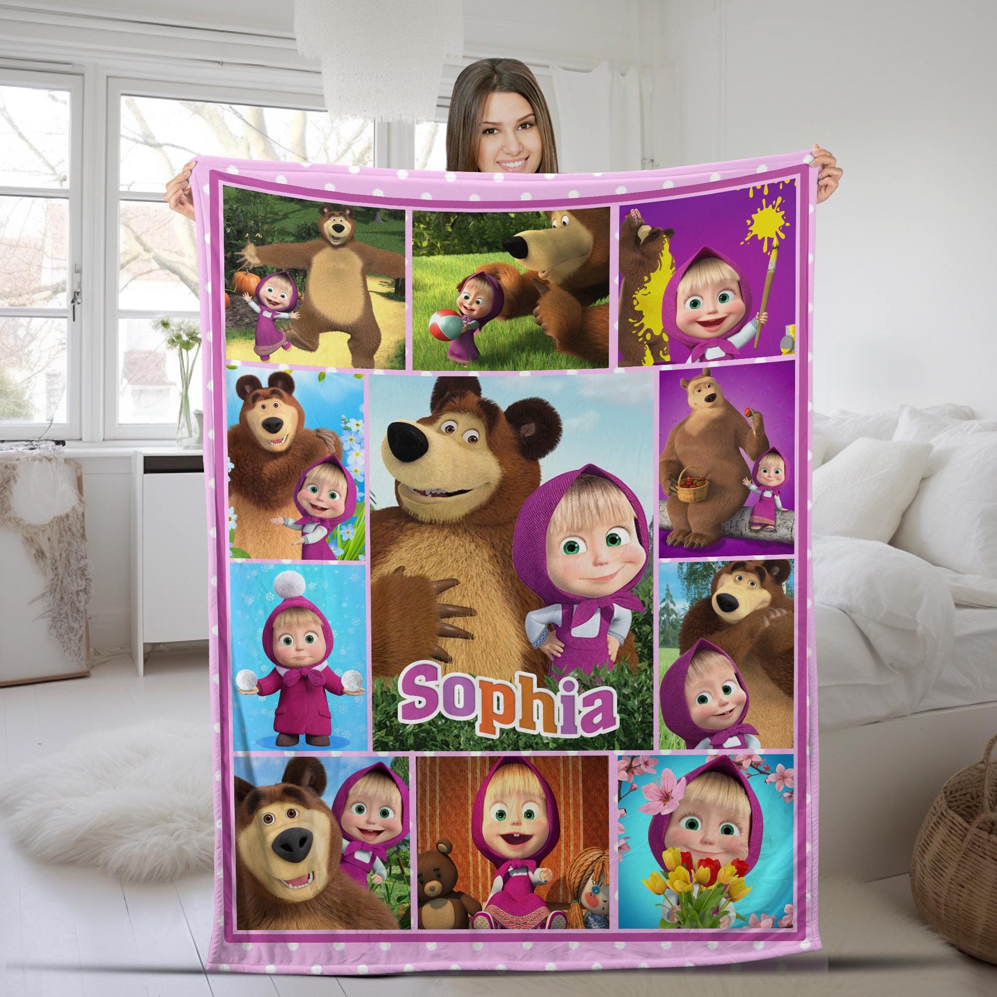 Masha and the Bear Theme Birthday Family Blanket,Custom Personalized Name Blanket, Baby Name Blanket