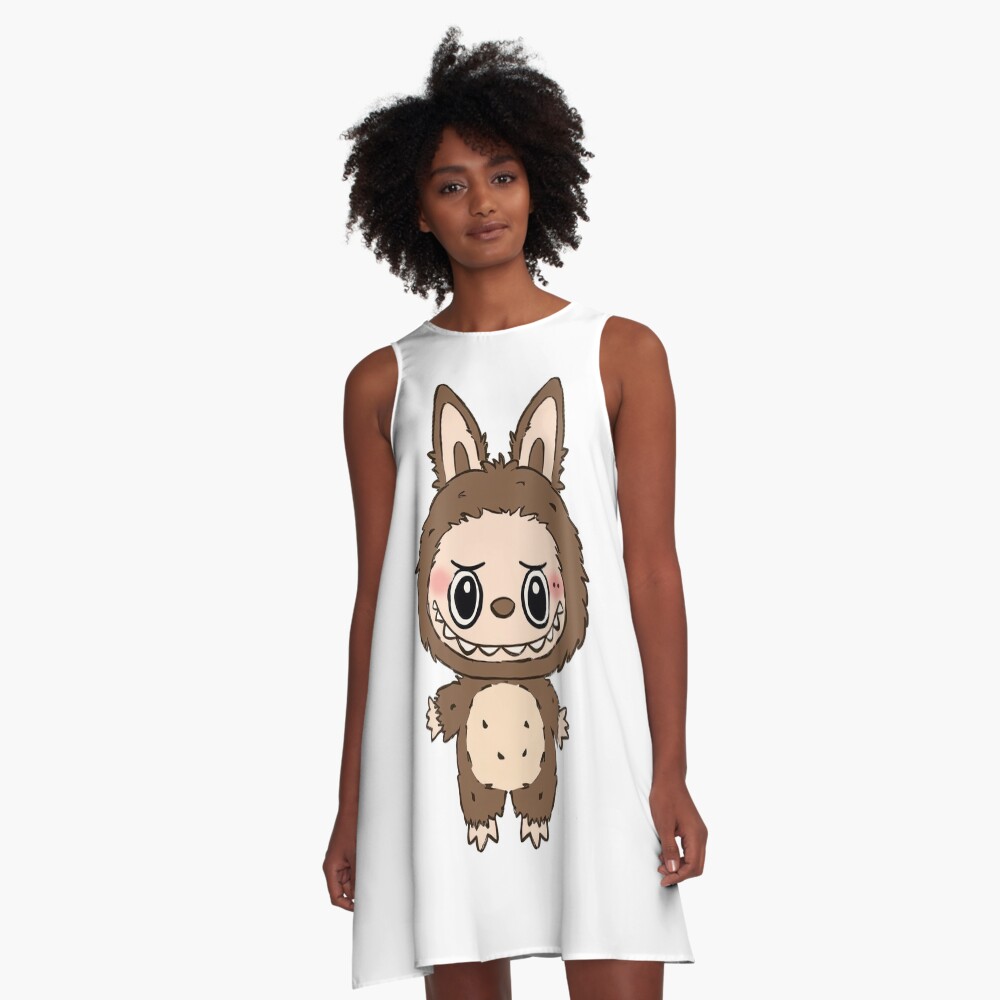 Cute Brown Labubu Character Illustration A-Line Dress, Gift for Her