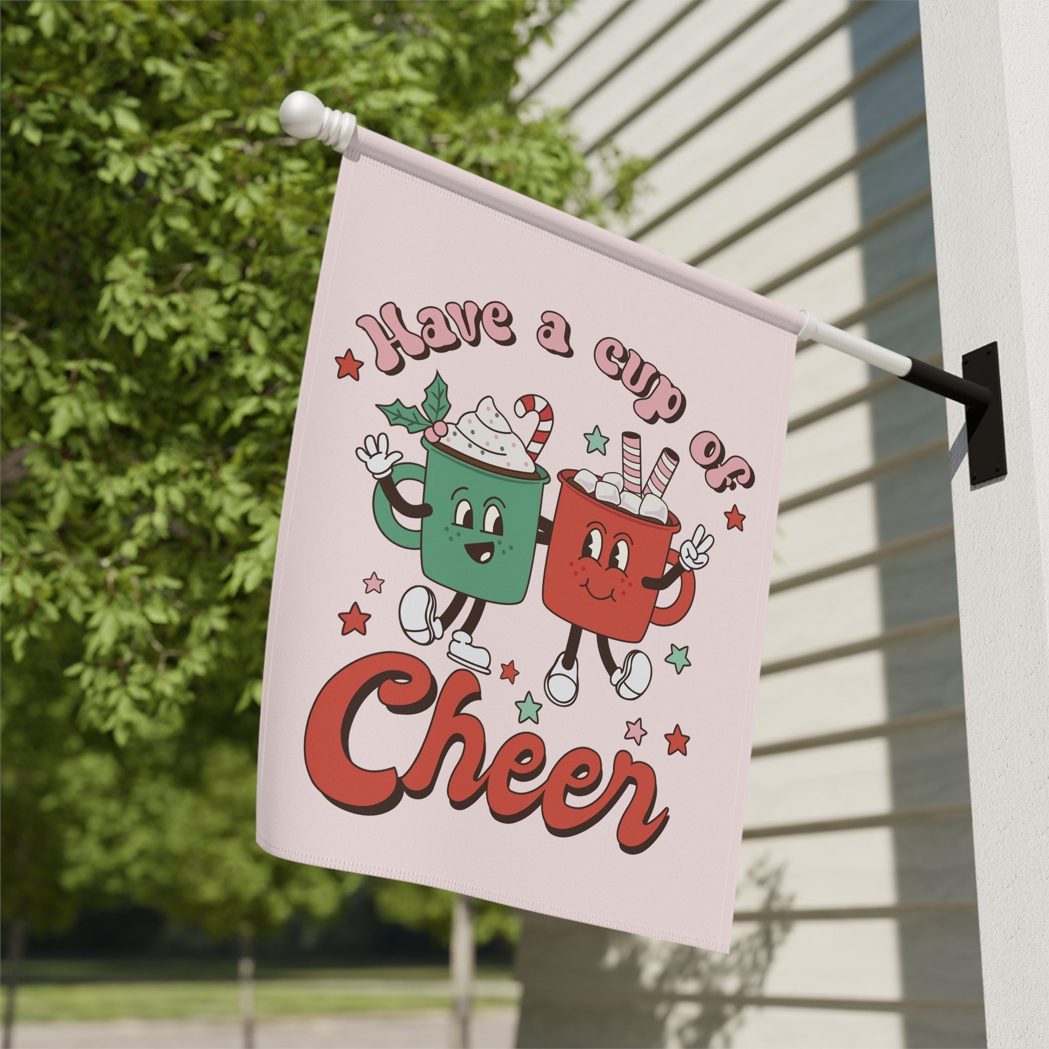 Retro Cute Pink Christmas Flag Hot Cocoa Vintage Christmas Flag Groovy Holiday Decor