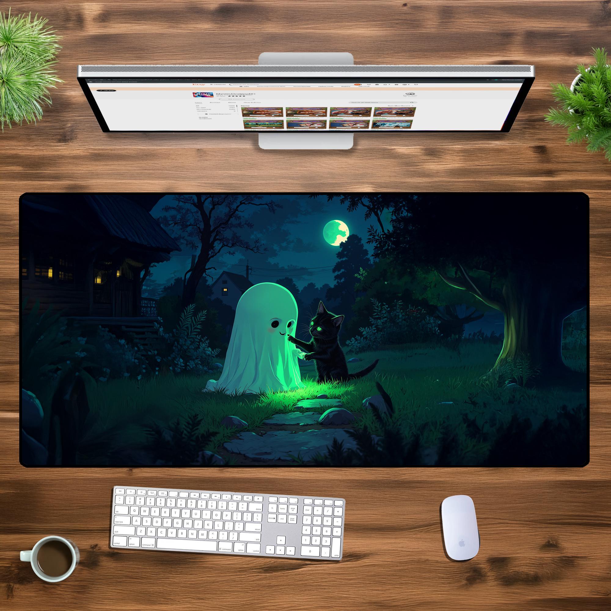 Cute Ghost & Black Cat XXL Mousepad Halloween Aesthetic Desk Mat Spooky Cottagecore Gaming Pad Glow-in-the-Dark Fantasy