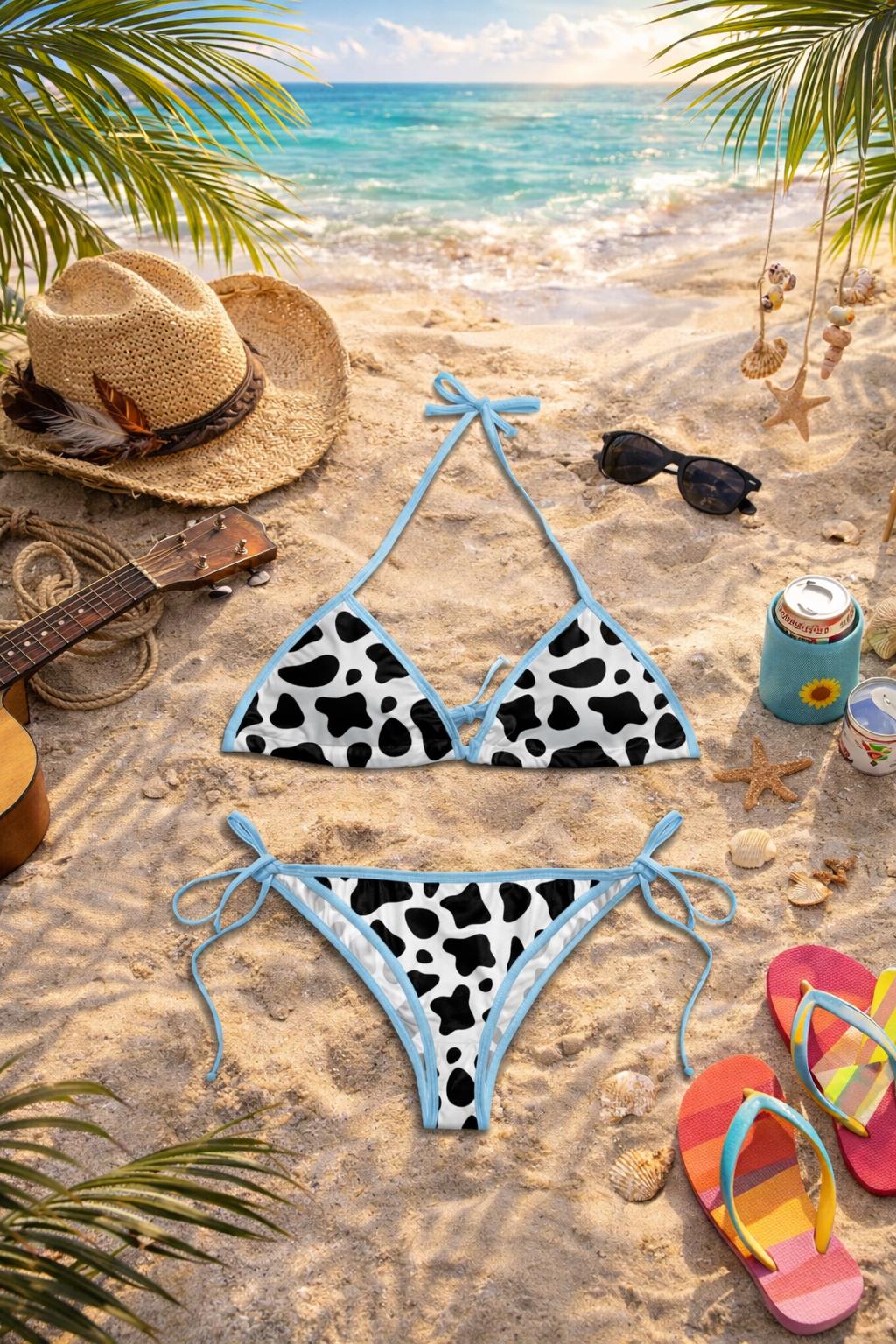 Cow Print Bikini Set with Pink Trim, Triangle Top and Tie Side Bottom, Women's Summer Beach Swimsuit