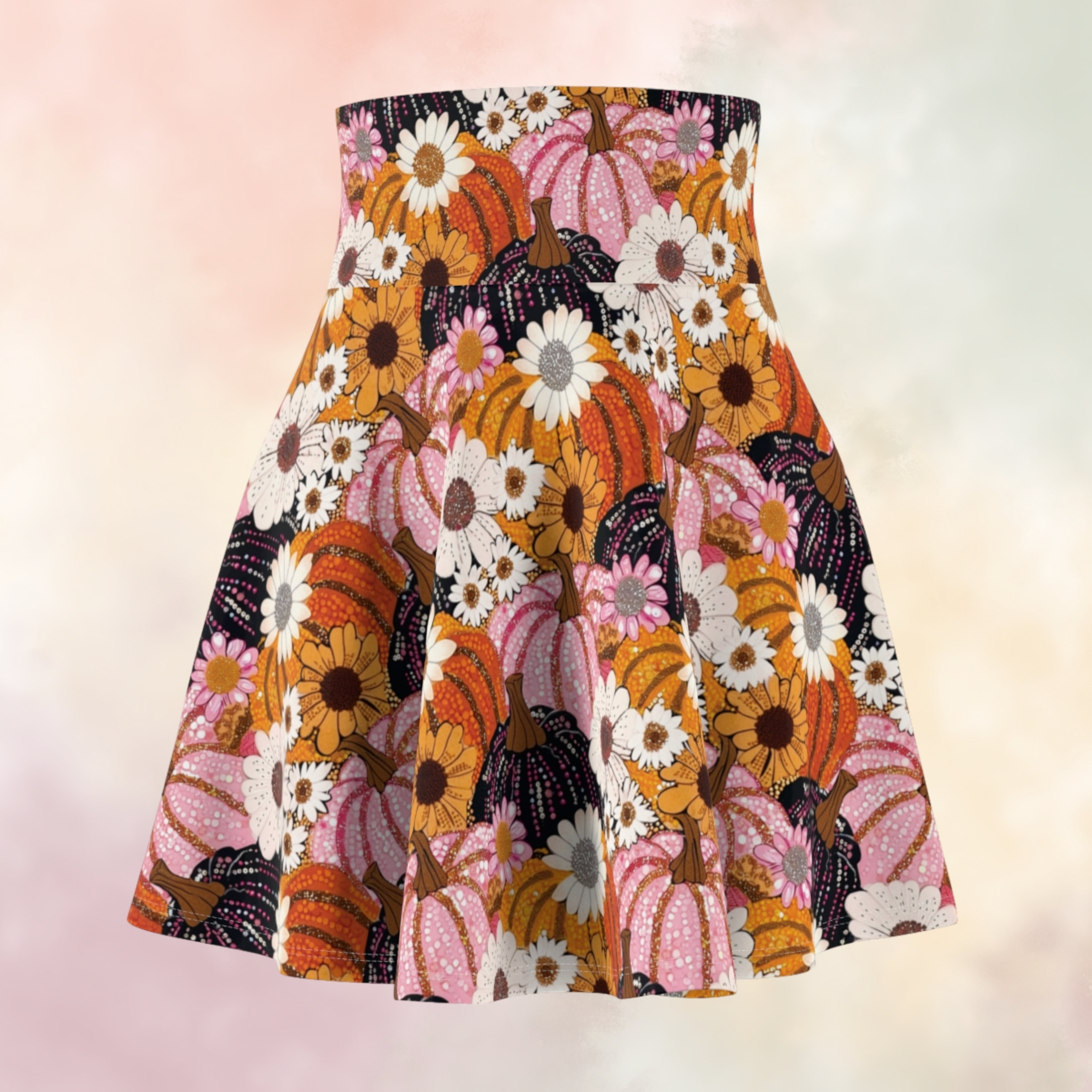Women's Fancilful Fall Circle Skirt, Faux Sequin Pink Orange and Black Pumpkins and Daisies High Waisted Skater Skirt, All Size Soft Skirt