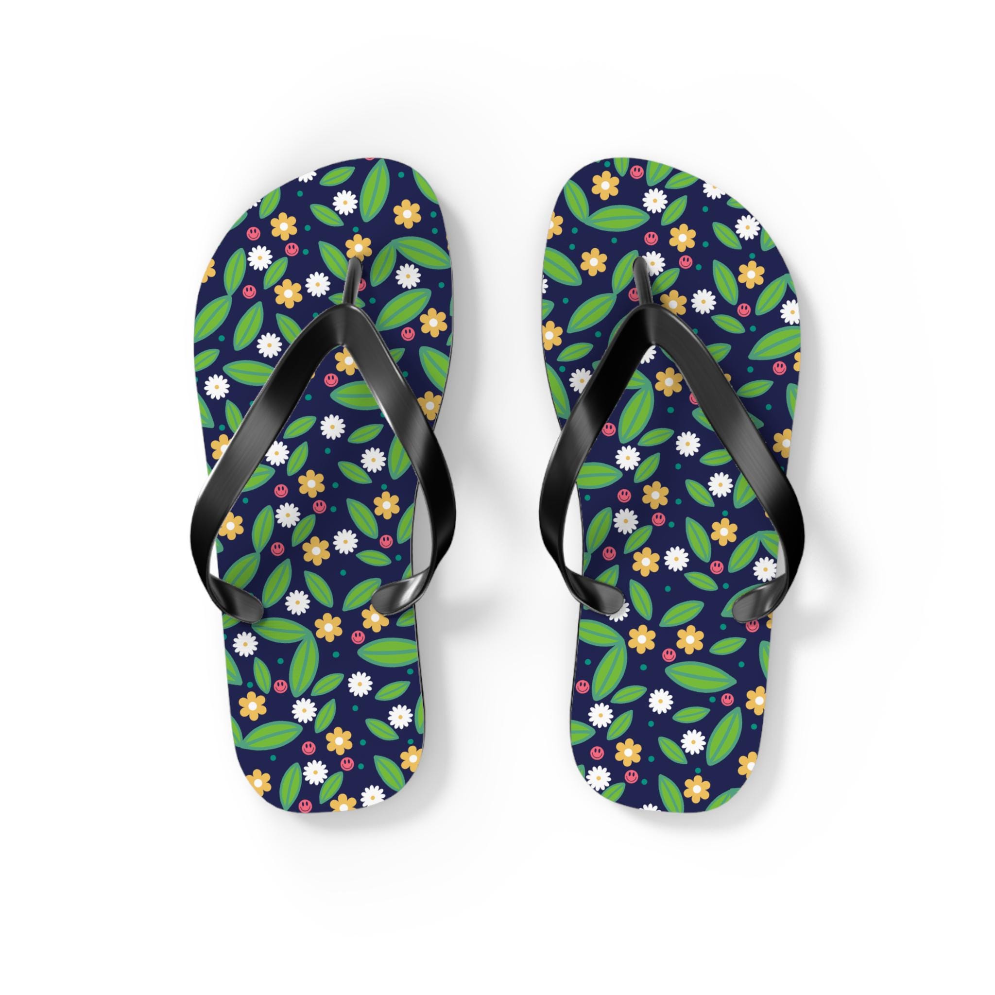 Spring Floral Flip Flops, Summer Beach Sandals, Spring Print, Smiley Face, Footwear, Pretty Sandals, Garden Party Slippers
