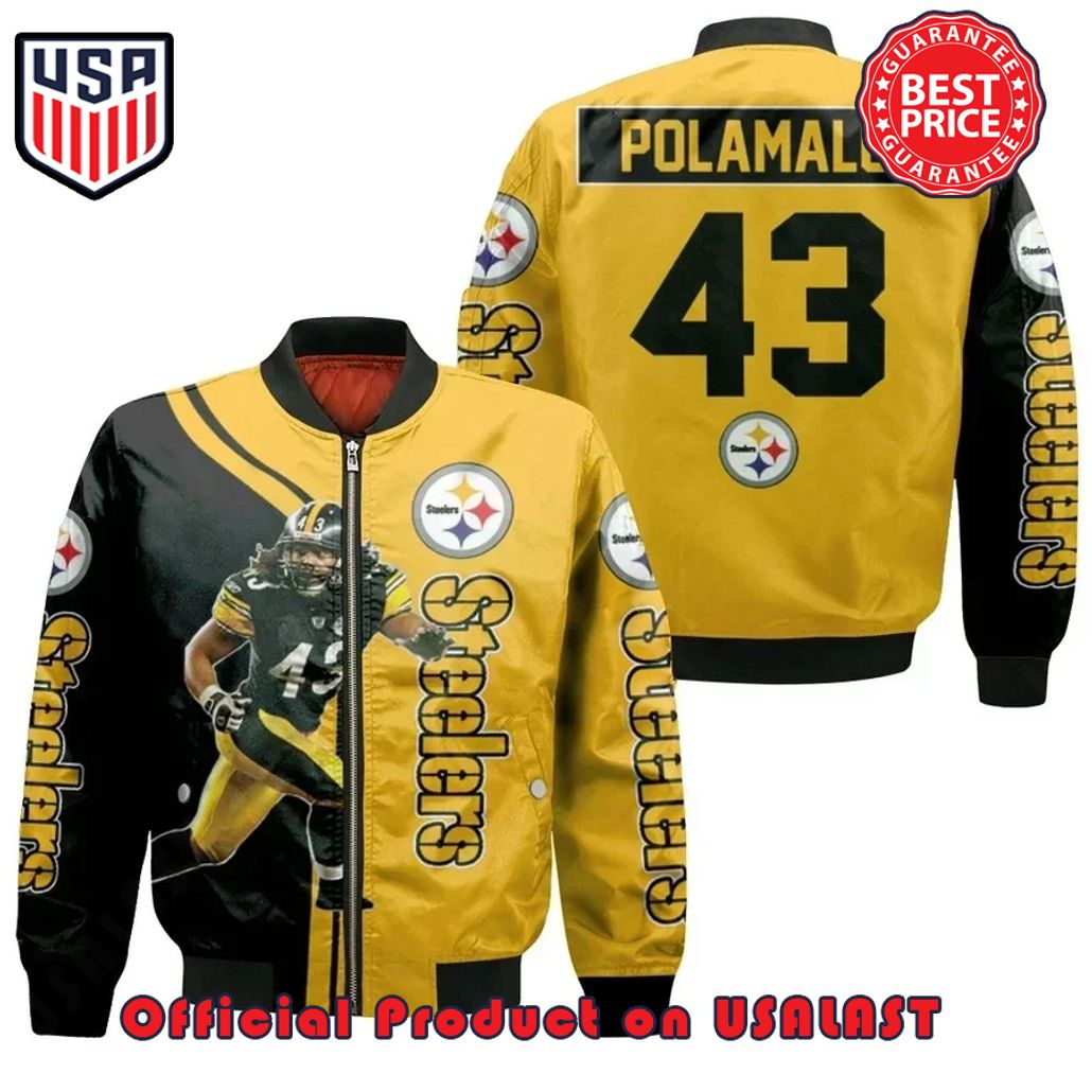 TROY POLAMALU PITTSBURGH Steeler PLAYER JERSEY LOGO BOMBER JACKET – BLACK AND YELLOW