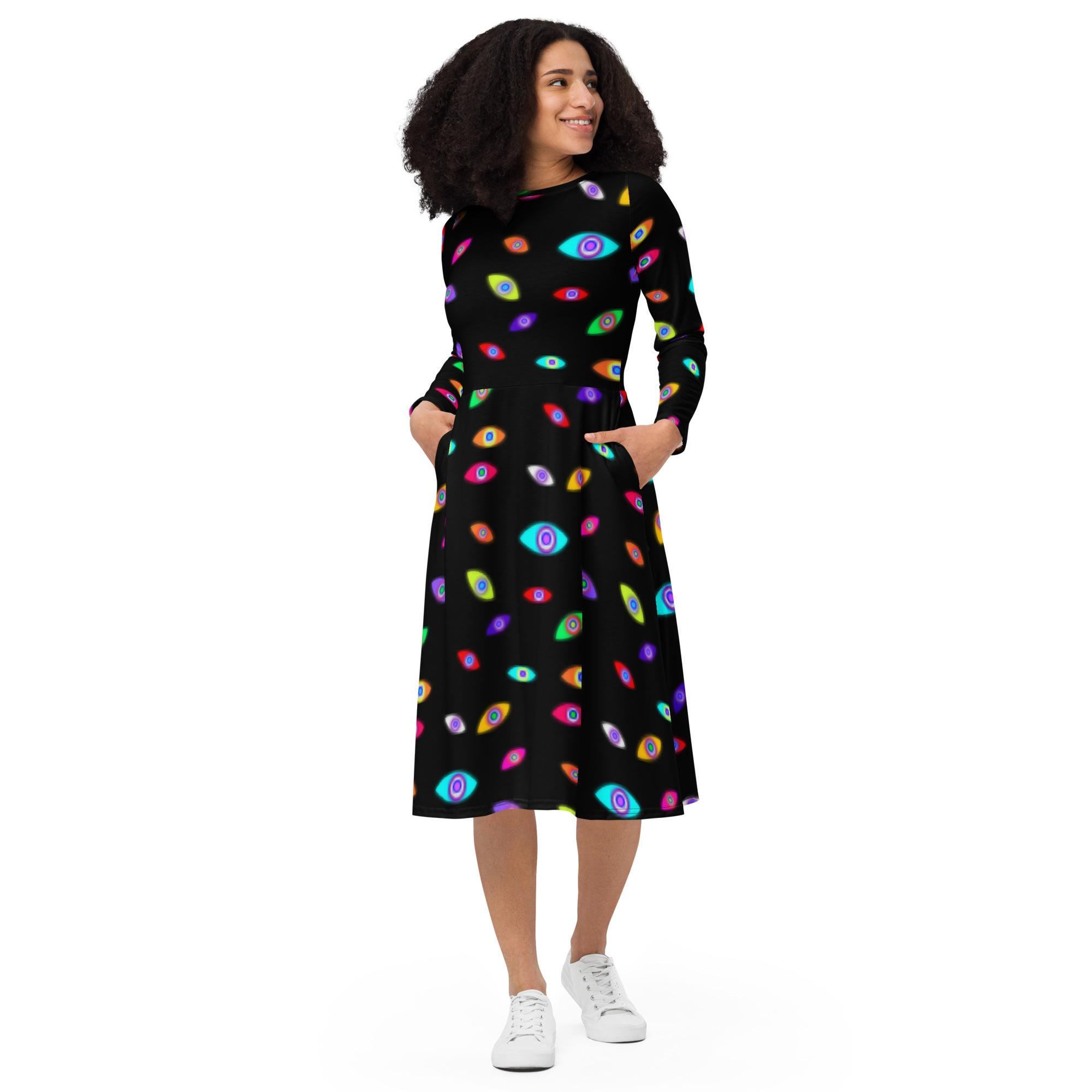 Abstraction Eyes All-Over Print Long Sleeve Midi Dress