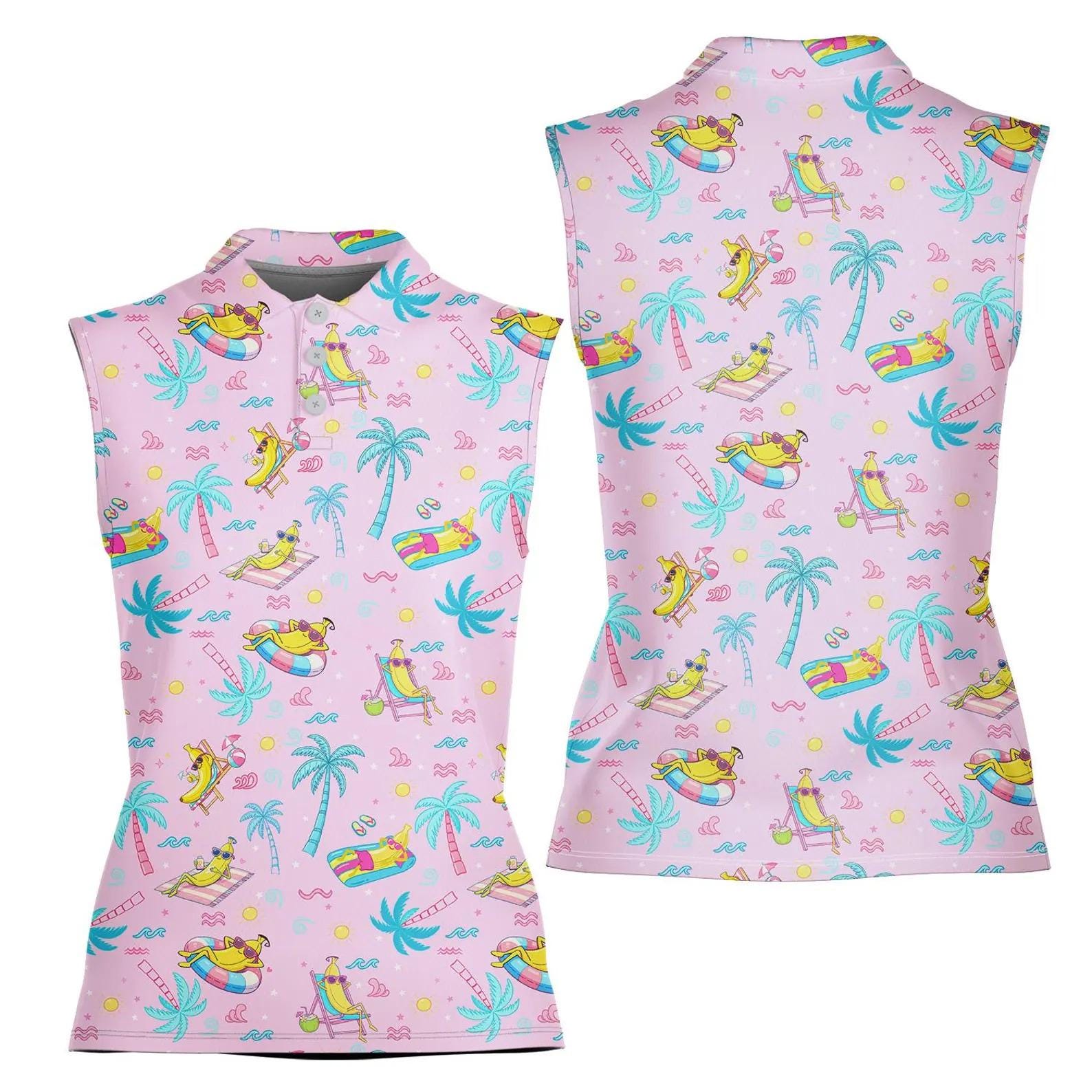 Women’s Sleeveless Polo Shirt, Tropical Summer Golf Top, Beach Vacation Palm Tree Activewear