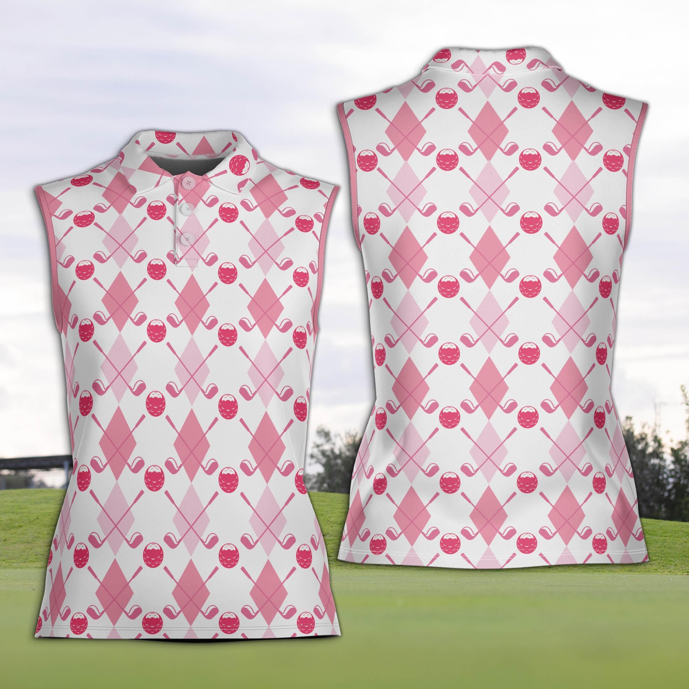 Pink Golf Polo Shirt For Women, Golf Club And Ball Women's Sleeveless Polo Shirt Golf Team