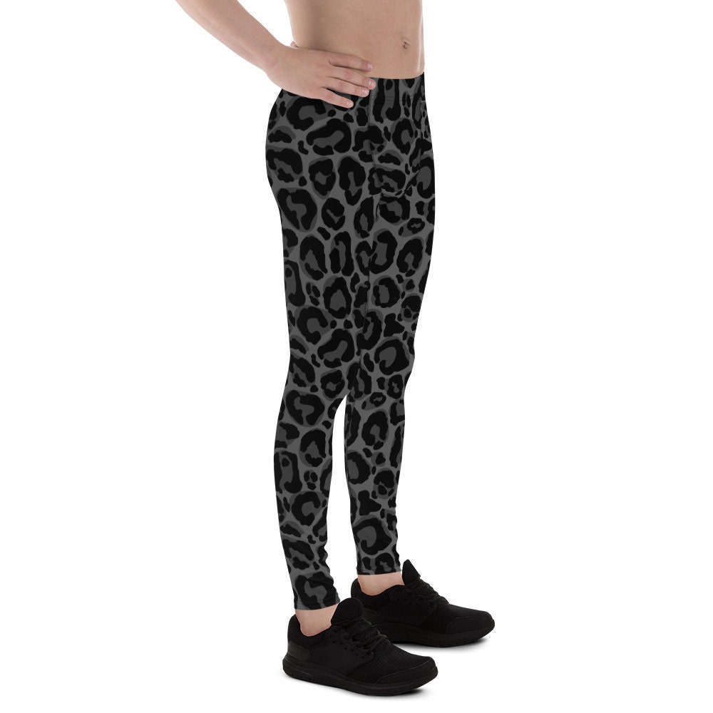 Black Leopard Men Leggings, Animal Print Panther Cheetah Jaguar Grey Guys Male Running