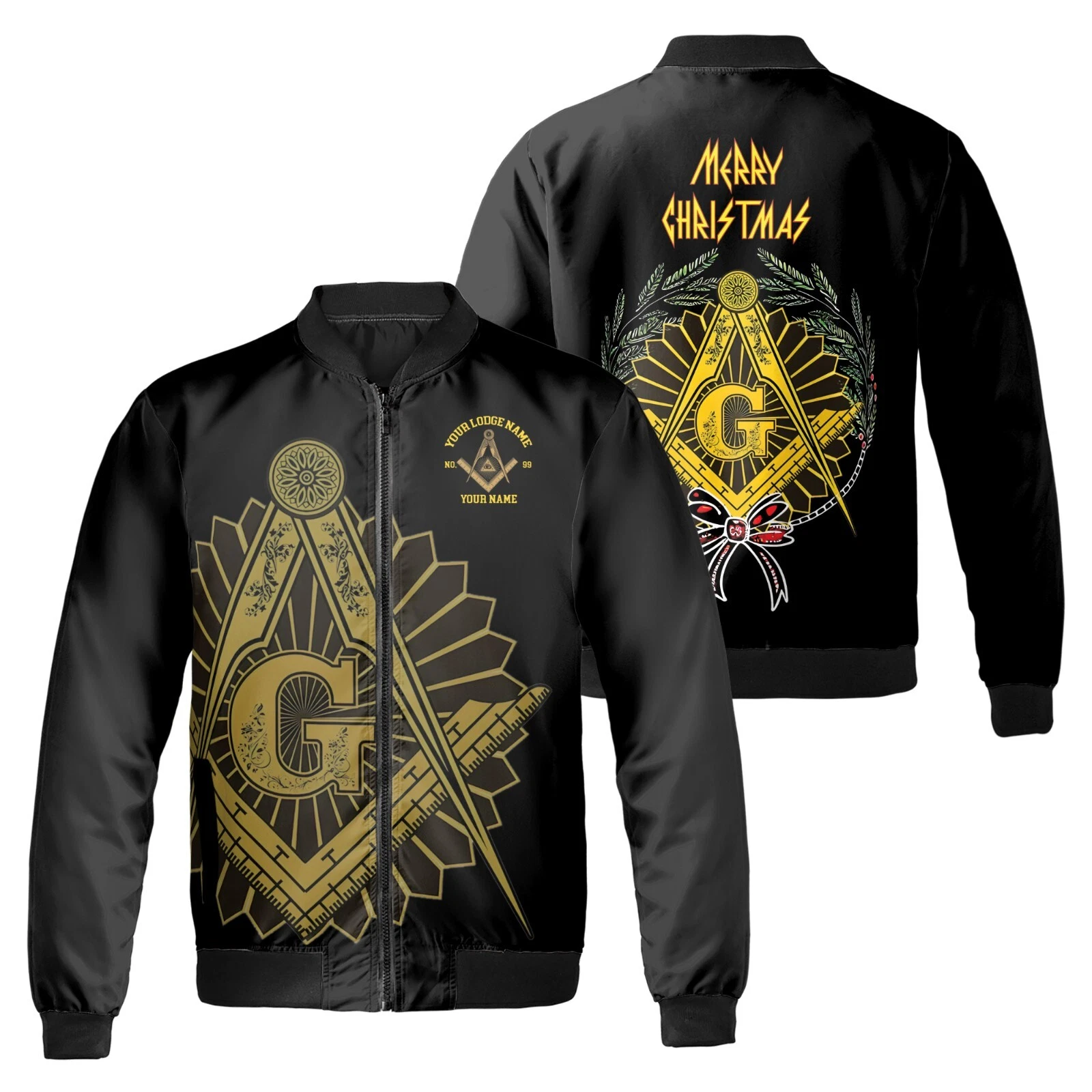 Customized Mason with Red Bow Pine Tree Merry Christmas Freemason Bomber Jacket