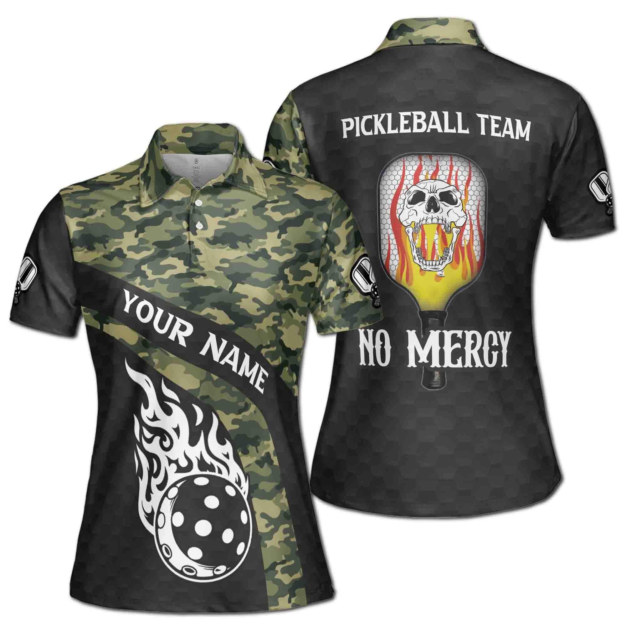 Personalized Name No Mercy Skull Pickleball Camo Pattern Women's Polo Shirt
