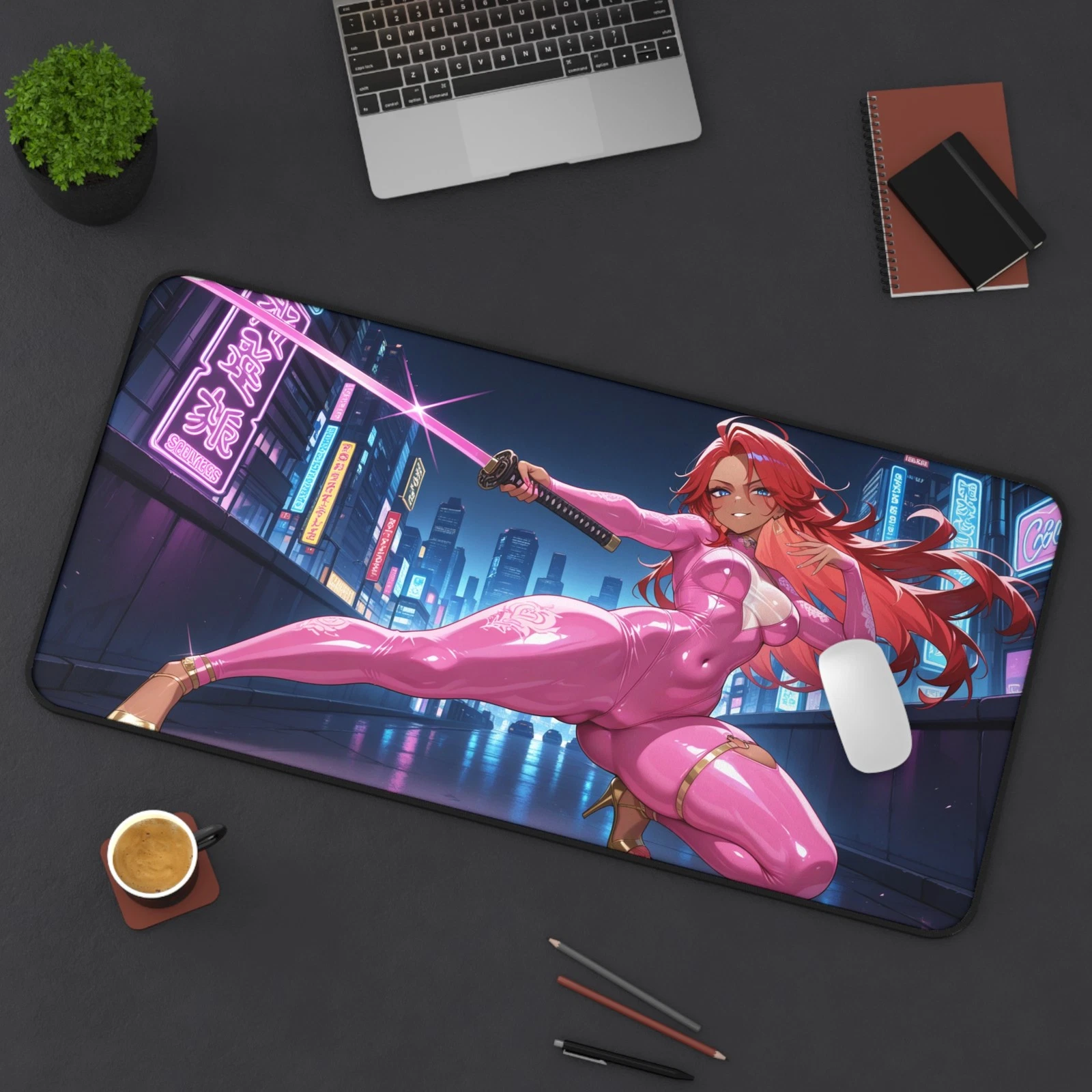 Anime Waifu Warrior Desk Mat, Gaming Mouse Pad with Non-Slip Neoprene Base