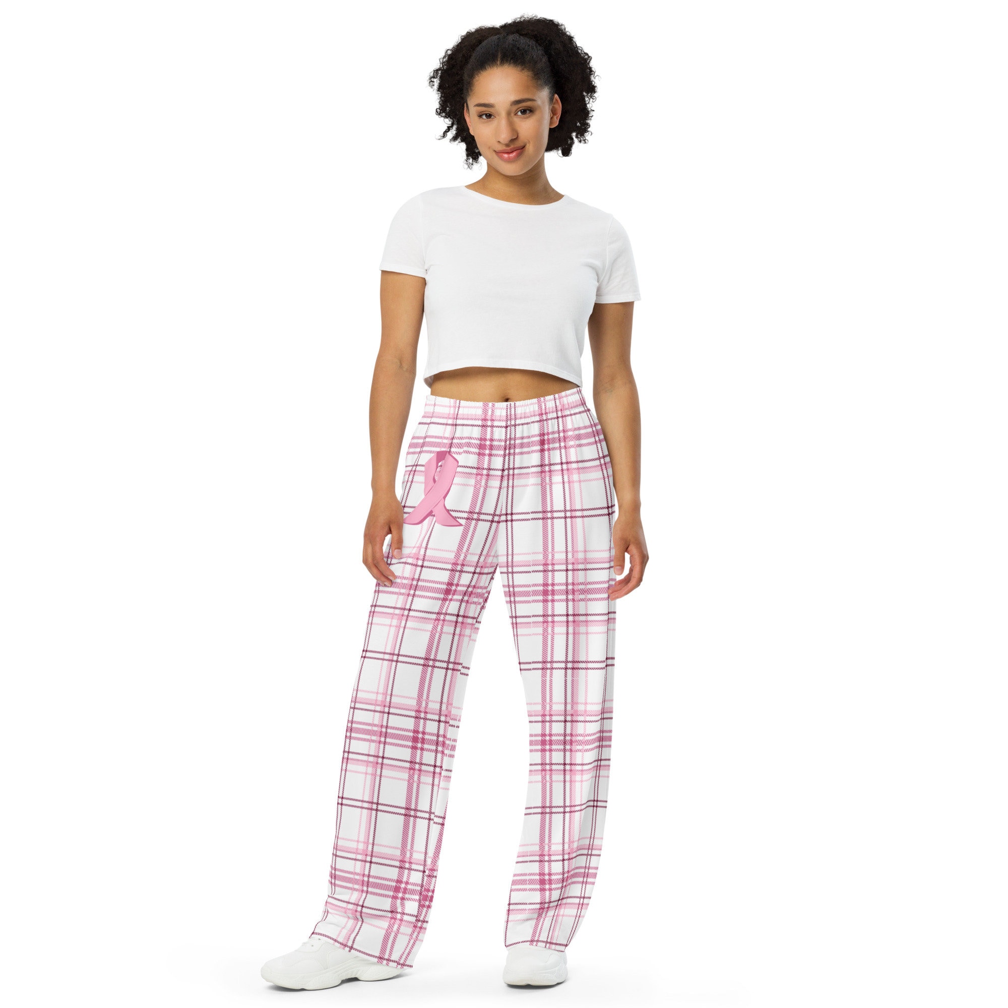 Breast Cancer Awareness Wide-Leg Pink Plaid Pajama Pants- comfy gift for her