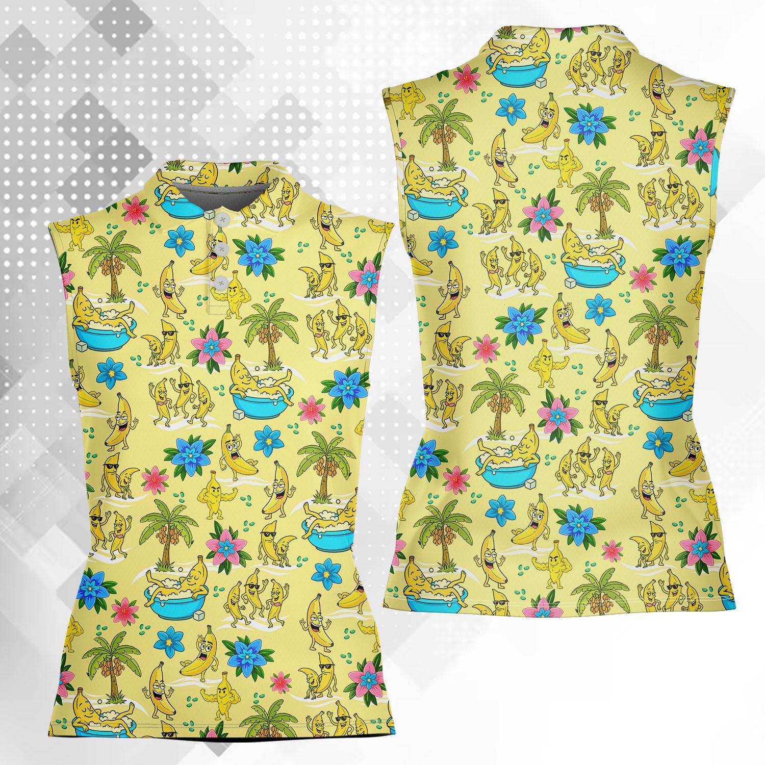 Women's Sleeveless Polo Shirt, Funny Banana Print Tropical Fruit Pattern, Summer Golf Top