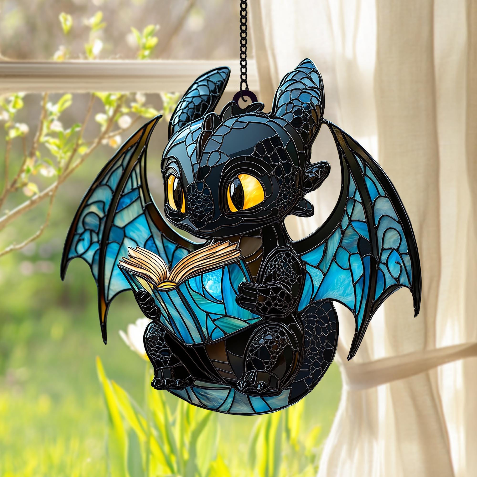 Cute Toothless Read Book Faux Stained Glass Suncatcher Baby Dragon with Book Acrylic Window Hanging, Gift for Bookworms and HTTYD Fans