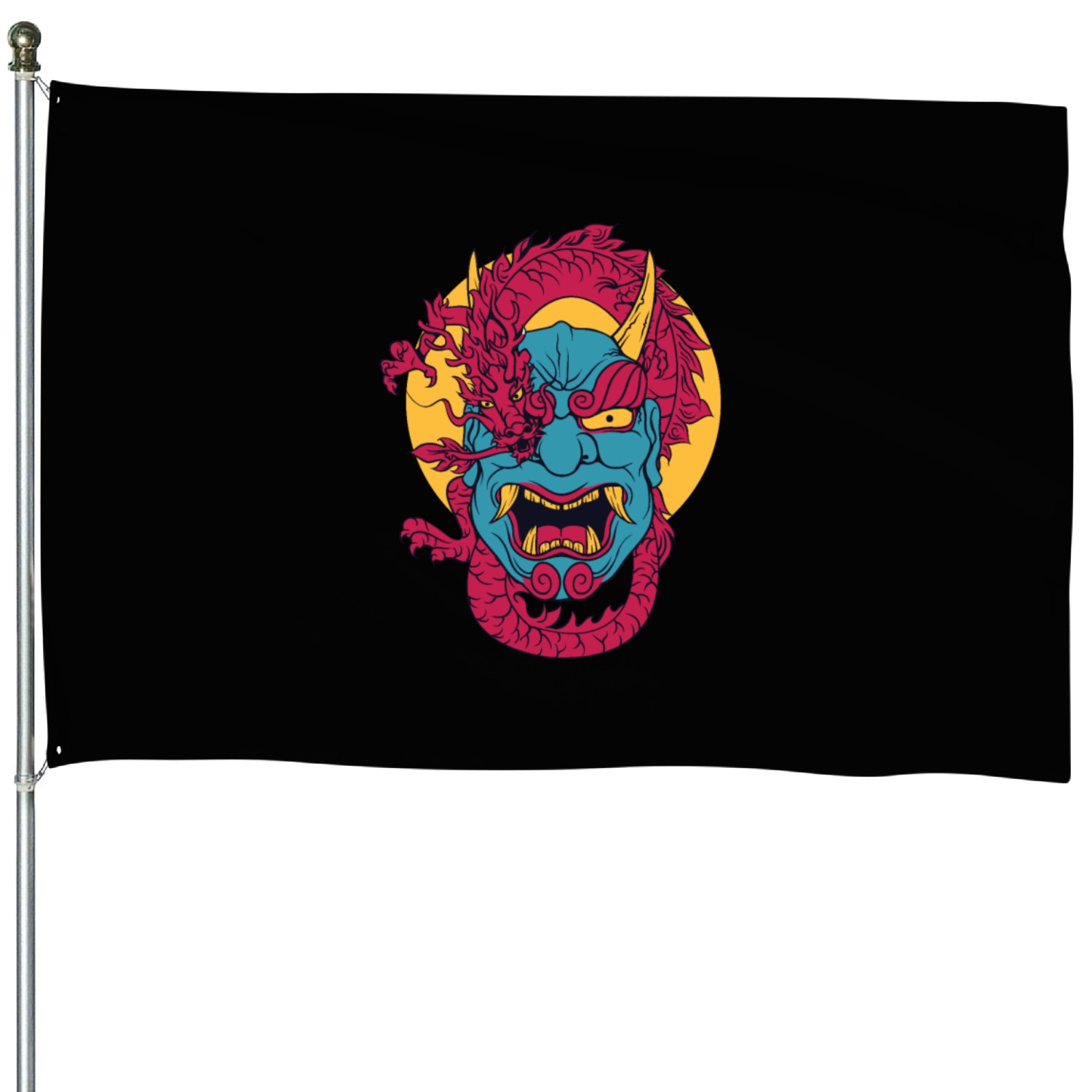 Demon Oni and Dragon hanya mask japanese lofi House Flags