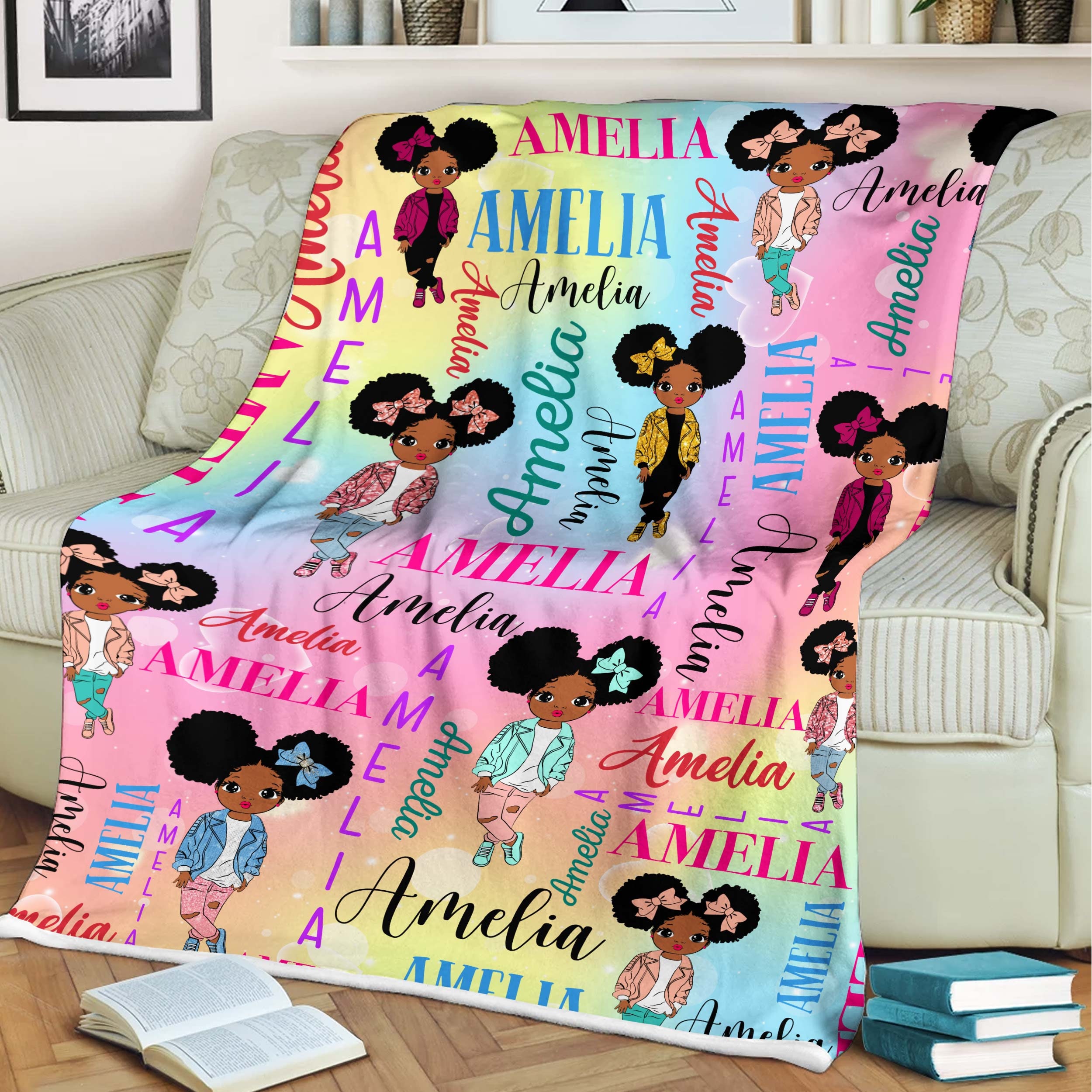 Personalized Afro Girl Fleece Blanket With Name, Black Baby Blanket, Birthday Gifts For Kid, African American Kid Gift, Back To School Gift
