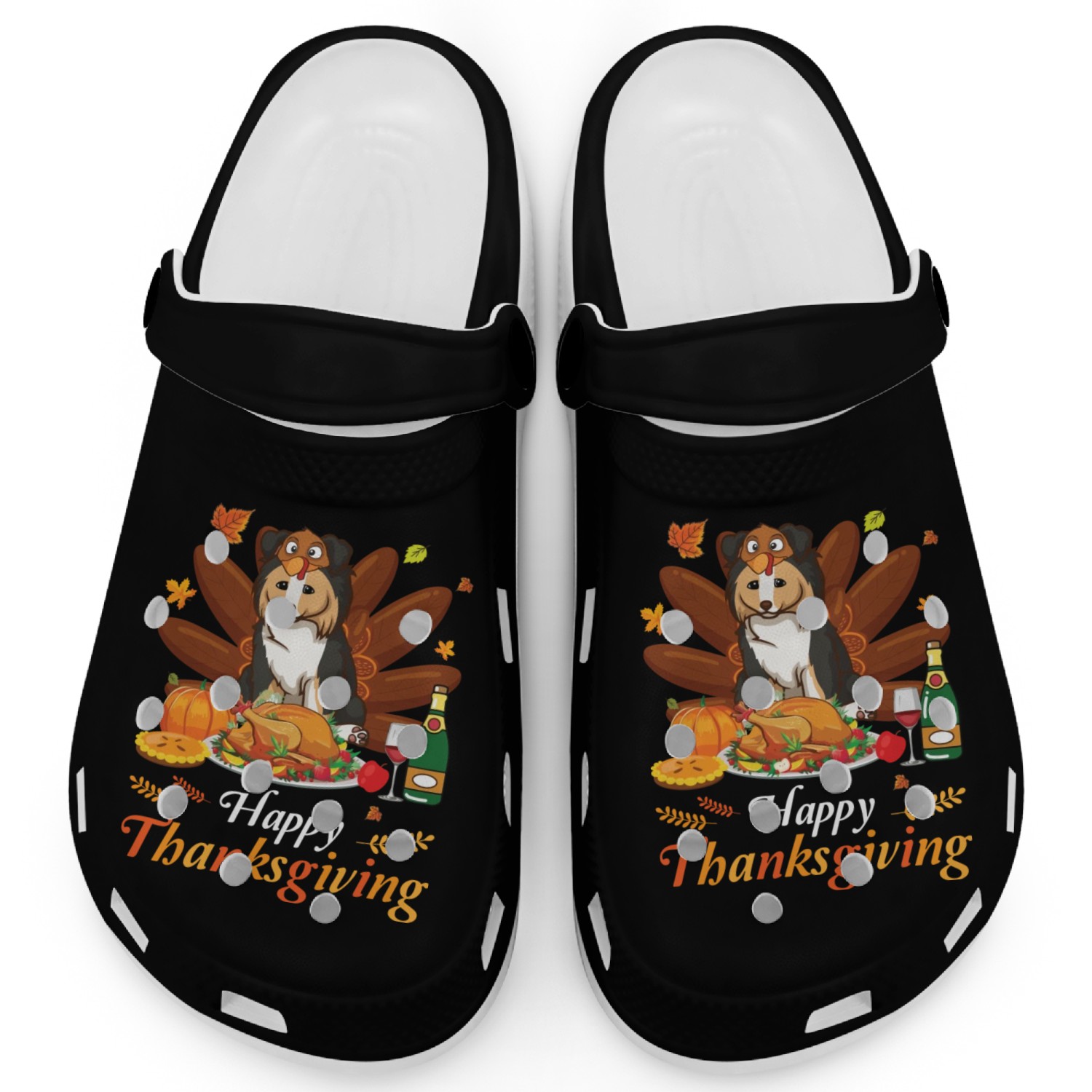 Cheerful Collie Turkey Costume Wine Pie Pumpkin Clogs